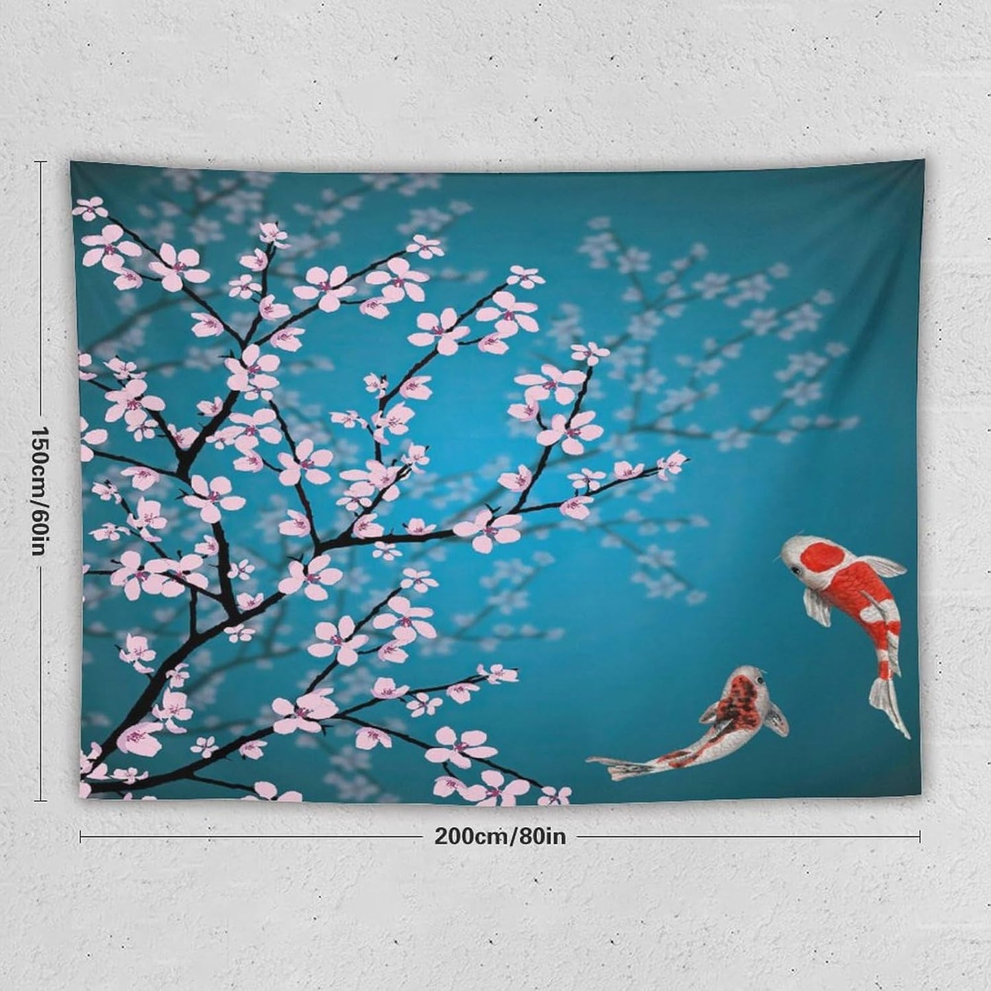 Houselerax Japanese Koi Fish Tapestry, Cherry Blossoms Asian Oriental Green Teal Flower Branch Koi Fish Carp Tapestries Wall Hanging for Bedroom Living Room Office Decor 80"x60"