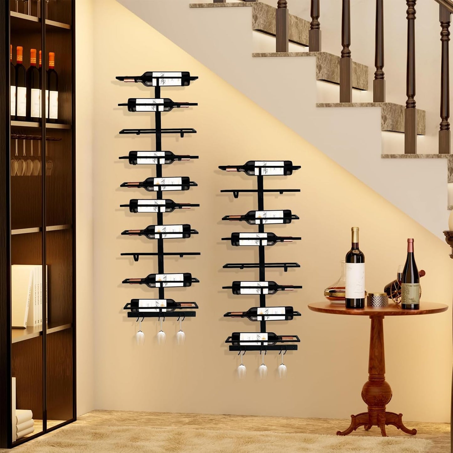 20 Bottle Wall Mount Wine Rack with Wine Glass Holder, Metal Wine Wall Rack, Wall Racks for Wine Bottles Display and Storage, Hanging Bottle Organizer for Living Dining Room Wine Cellar Bar (Black)