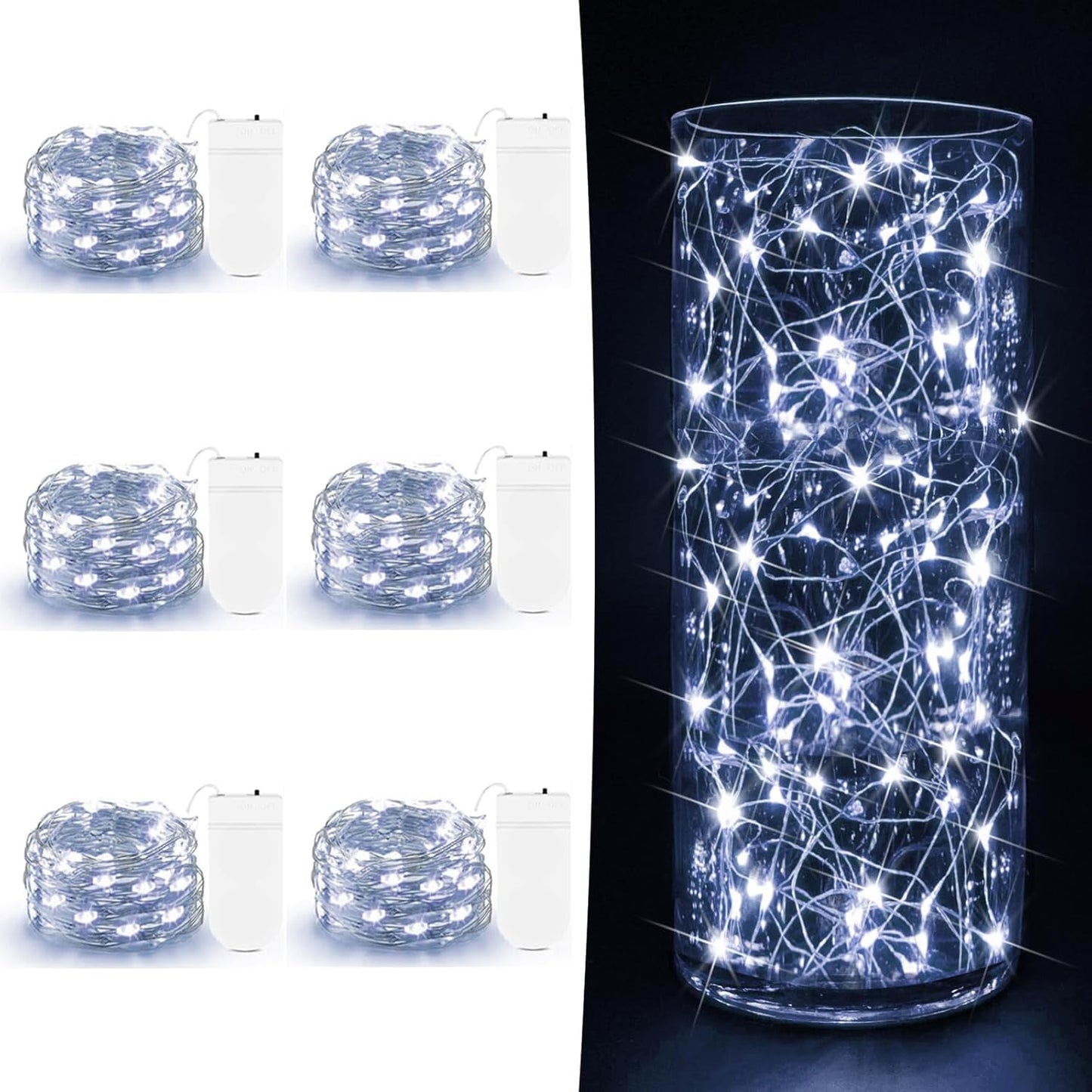 6 Pack Fairy Lights Battery Operated - 7ft 20 LED Twinkle Lights Copper Wire Mini String Lights Firefly Lights for Mason Jars DIY Crafts Christmas Wedding Party Centerpiece Table Decor, Cool White