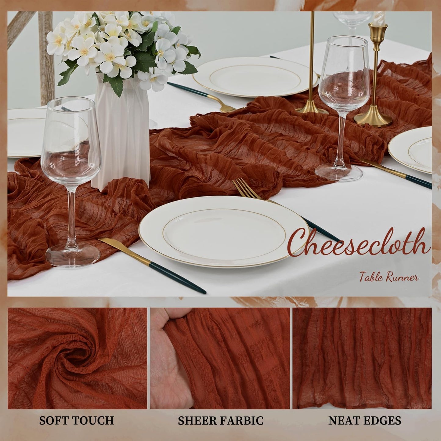 20 Pack Terracotta Cheesecloth Table Runner 10FT Boho Rustic Cheese Cloth Table Runner for Wedding 20 x 120 Inch Long Bridal Shower Baby Shower Gauze Fabric Sheer Birthday Party Table Decorations