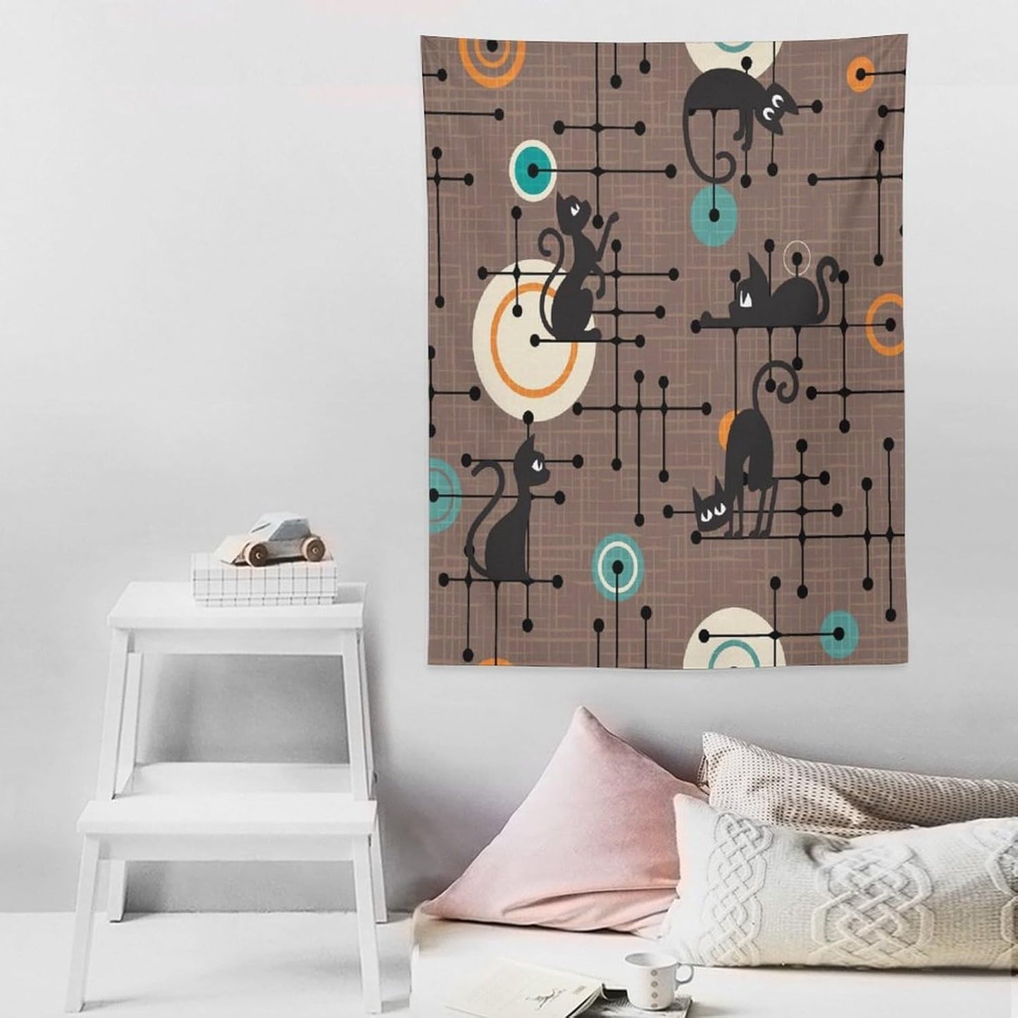 ICMOLYYENLO Boho Medieval Cat Tapestry, Abstract Atomic Starburst Geometric Aesthetic Art Wall Hanging For Bedroom Living Room Dormitory 60x60 Inches
