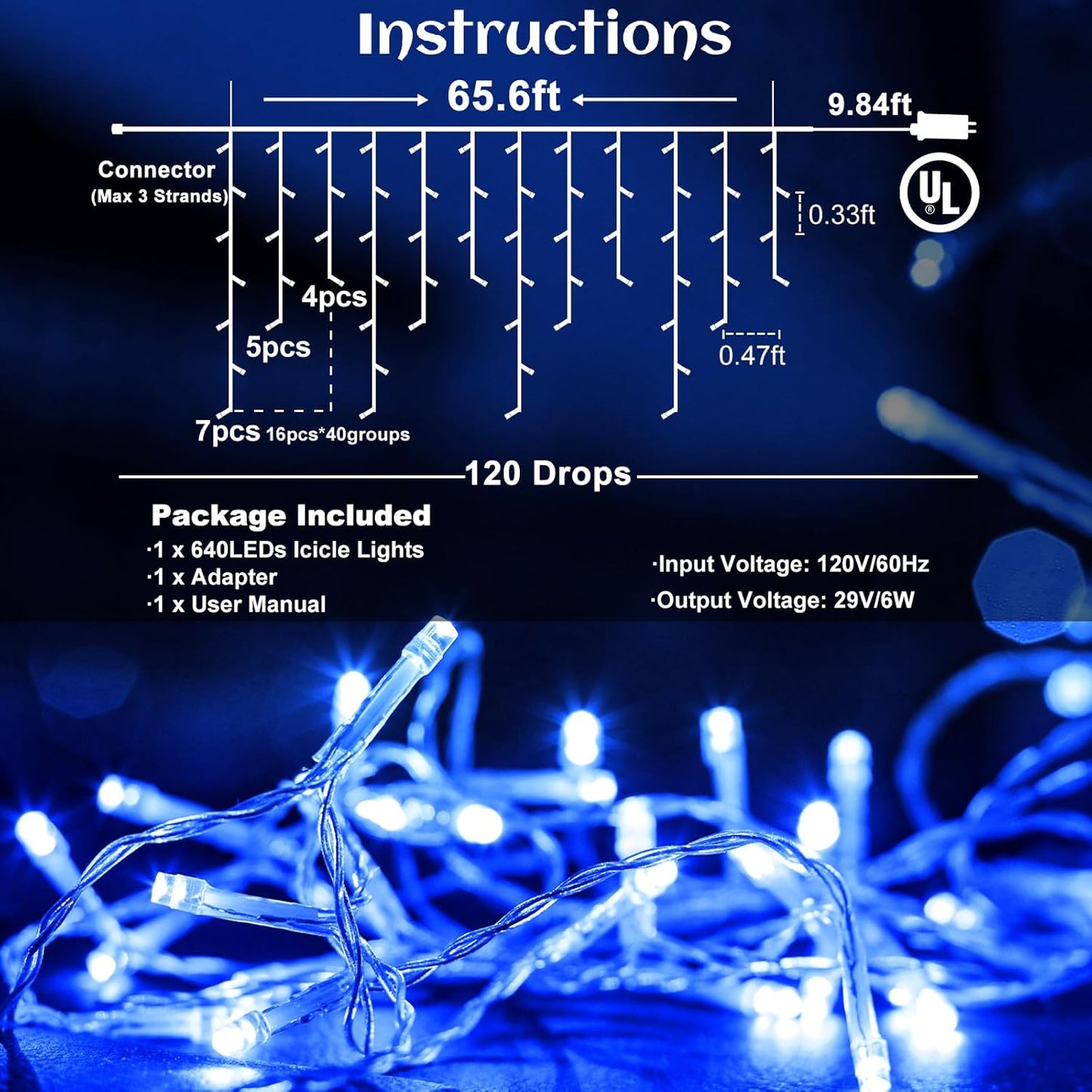 Icicle lights Outdoor - 66ft Christmas Lights with 640LED 120 Drops 8 Modes, Plug in Curtain String Lights Waterproof for Holiday Wedding Party Home Garden Bedroom Indoor Outdoor Decoration, Blue