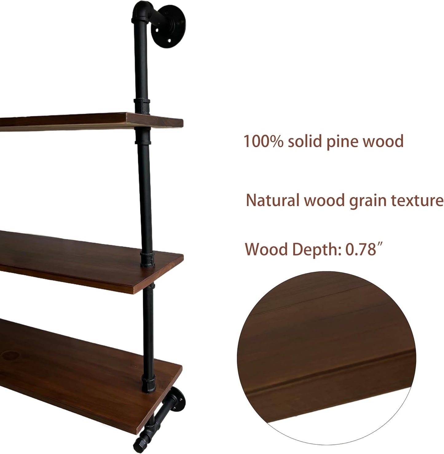 Industrial Pipe Wall Shelves Pipe Shelving with Real Wood Plank ,60 Inches Floating Shelves for Wall Farmhouse Pipe Book Shelves Dark Brown 2 Tier for Kitchen,Living Room Decor and Bar Shelving