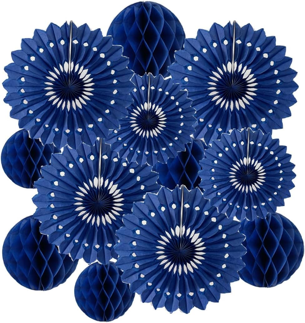 12pcs 6’’ 8’’ Honeycomb Balls Tissue Paper Fans Party Honeycomb Ball Fans Wall Tissue Pom Poms Flower Balls Hanging Paper Fans For Party Baby Shower Birthday Wedding Nursery Wall Decor(royal blue kit)
