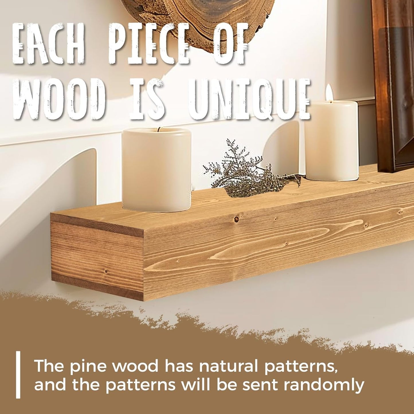 48x8x3 Fireplace Mantel - Handcrafted Hollow Rustic Solid Wood Wall Mounted Floating Shelf with Invisible Heavy Duty Wood Bracket (Natural Wood)