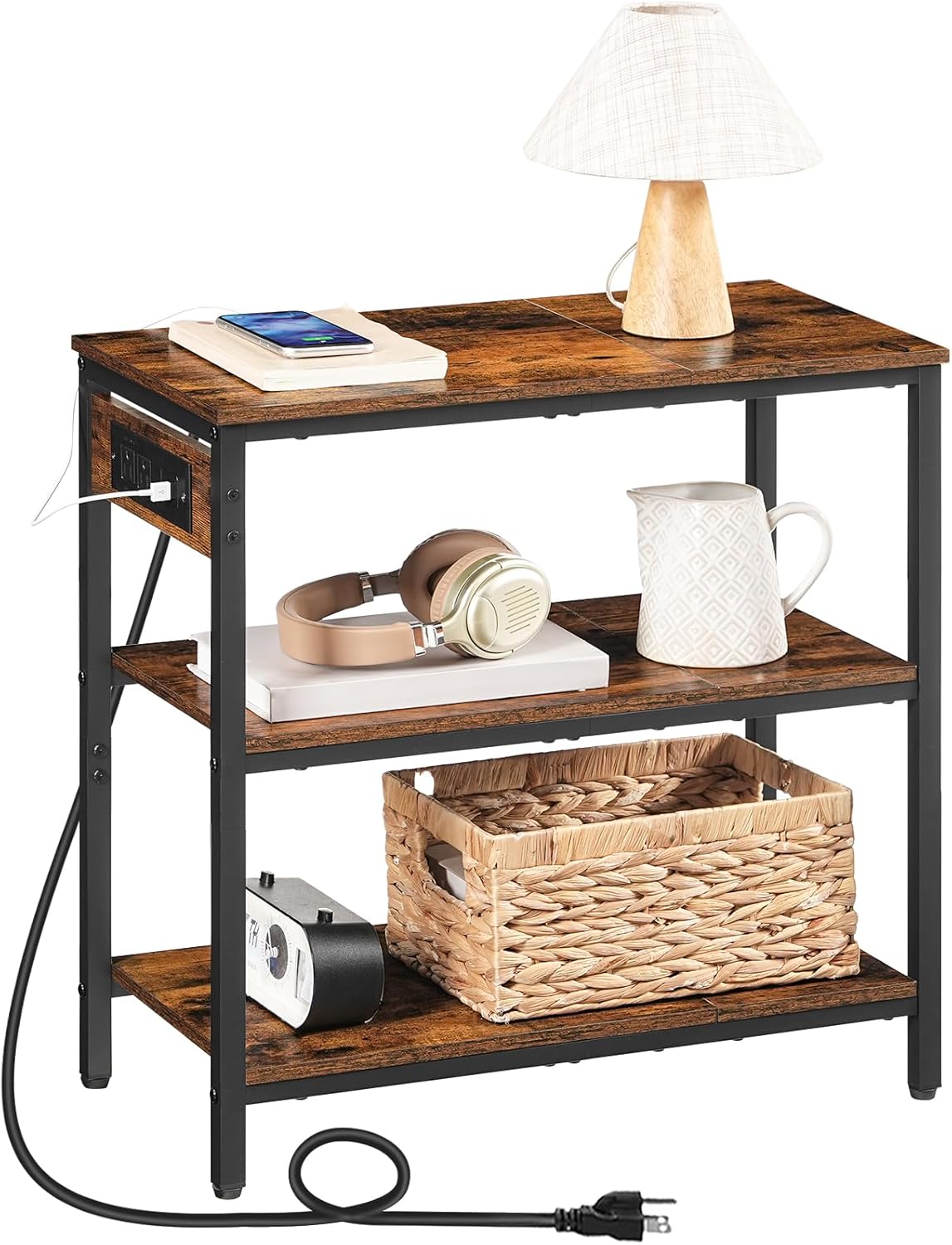 HOOBRO End Table with Charging Station, Simple Rustic Side Table with 3-Tier Storage Shelf, Narrow Nightstand for Small Spaces, for Living Room, Industrial Design, Rustic Brown and Black BF149UBZ01