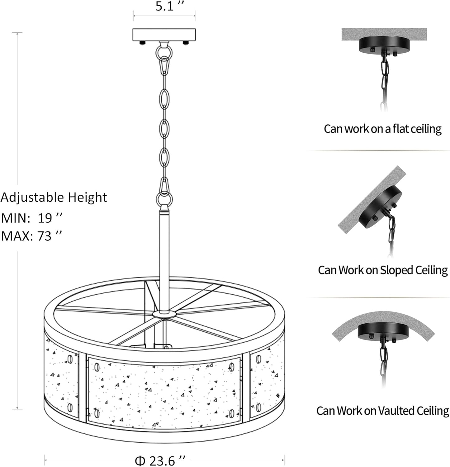 23.6" Large Farmhouse Drum Black Chandelier, 6-Light Vintage Round Glass Chandeliers for Dining Room, Industrial Light Fixture for Kitchen Living Room Stairwell, Clear Waterglass Drum Shade
