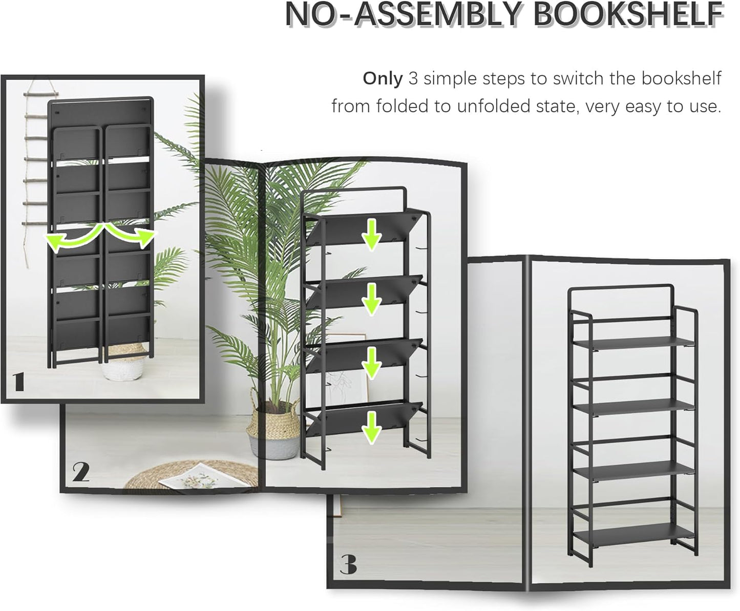 4NM No Assembly Foldable Bookshelf, 4-Shelf Collapsible Bookcase Storage for Small Spaces, 54" H, All Black