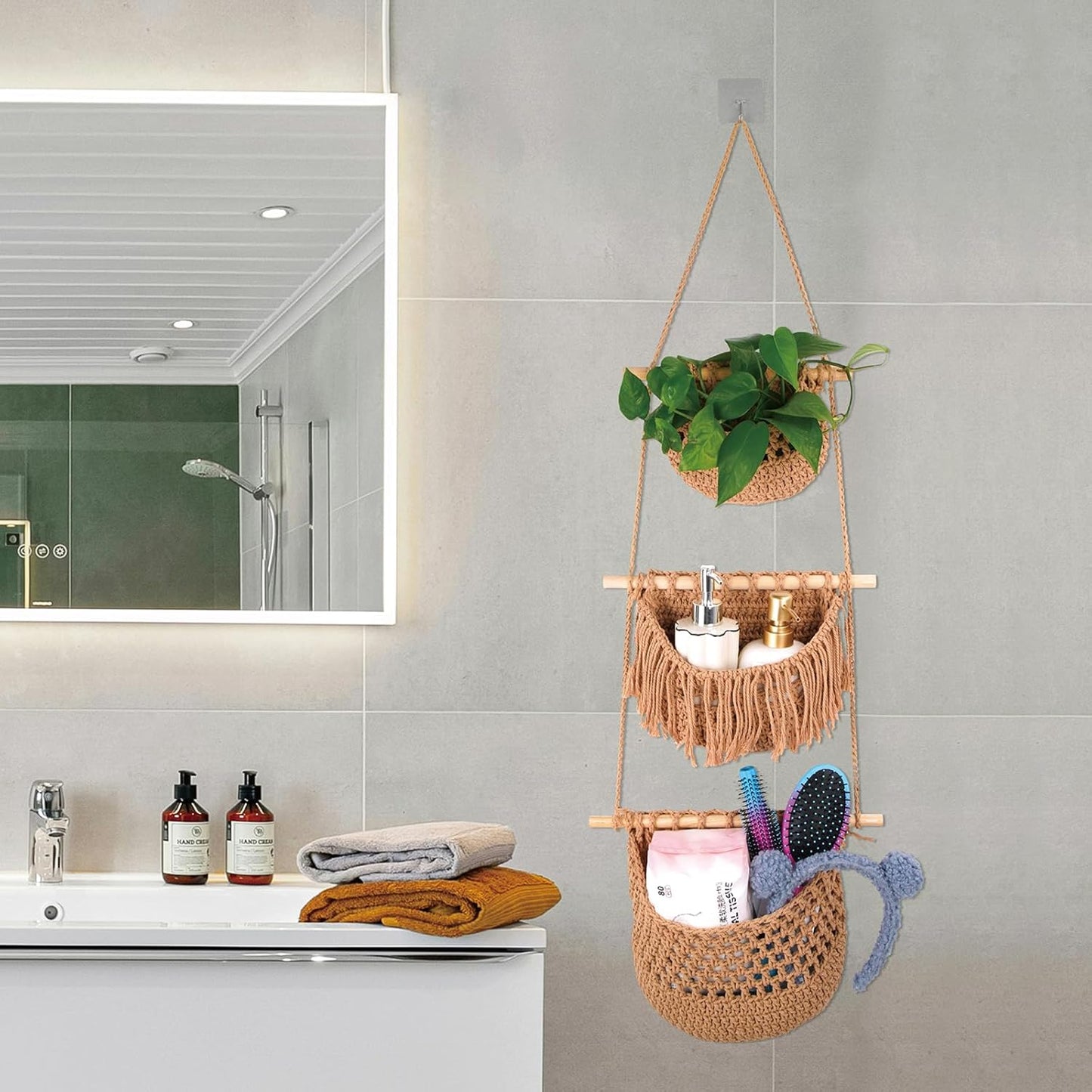 3 Tier Hanging Fruit Basket for Kitchen, Handmade Woven Cotton Hanging Wall Basket for Fruit Vegetable with 6 Hooks, Boho Style Over The Door Organizer for Living Bathroom Bedroom