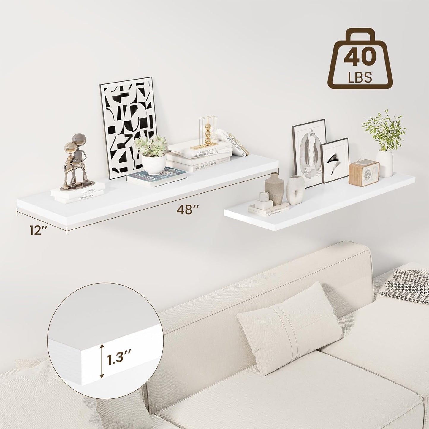 48" Floating Shelves for Wall, 12" Deep Slim White Floating Shelves, Wall-Mounted Shelves for Bedroom, Living Room, Kitchen, Bathroom - Set of 2