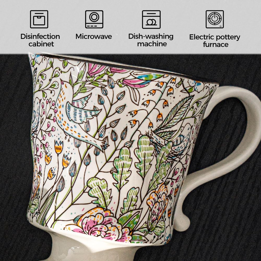 360ml -12.17oz Painted Garden floral Ceramic Mug - Cute Espresso Latte Shot Cup - Gift for Women, Dishwasher Safe