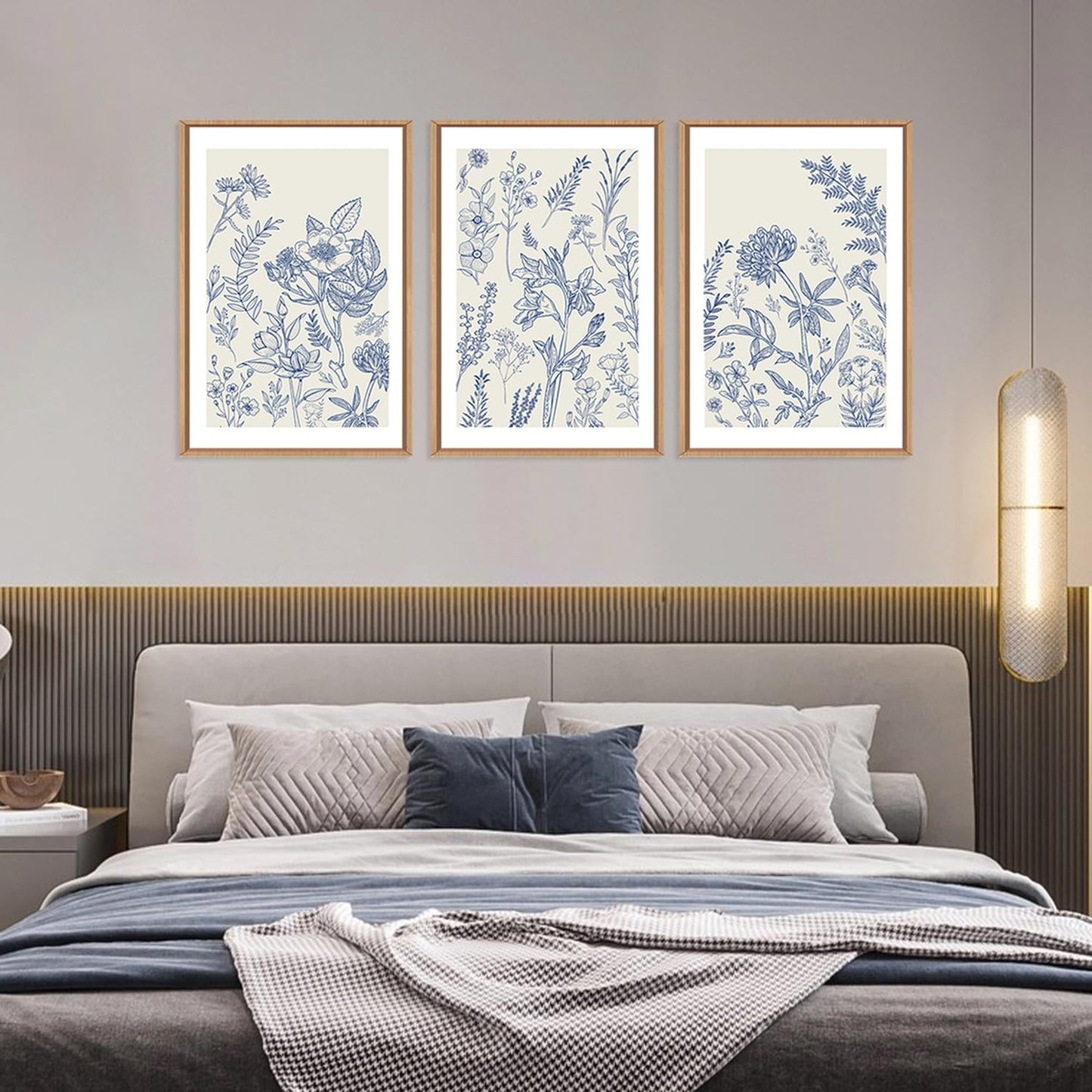 HPINUB Classic Chinoiserie Floral Framed Canvas Wall Art Set,Watercolor Blue and White Botanical Flowers Wall Decor,Navy Blue Minimalist Wildflower Art Print for Living Room,Bedroom,Office-16 x24 x3