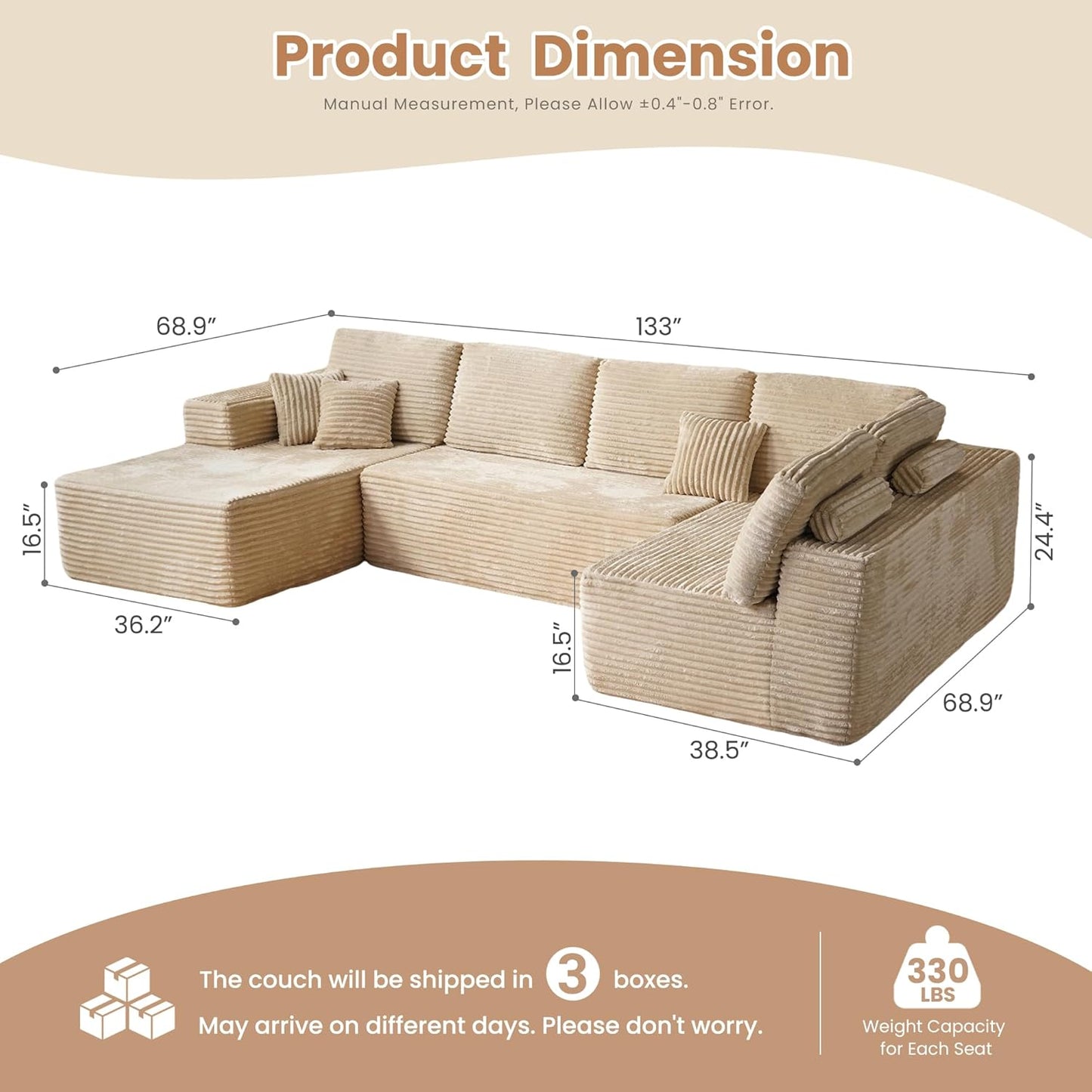 HOOOWOOO Cloud Sectional Couches for Living Room,Modular Sectional Sofa No Assembly,133X70 Inch Plush Corduroy Large U Shaped Floor Couch Set with Deep Seat Chaise Lounge(Beige)