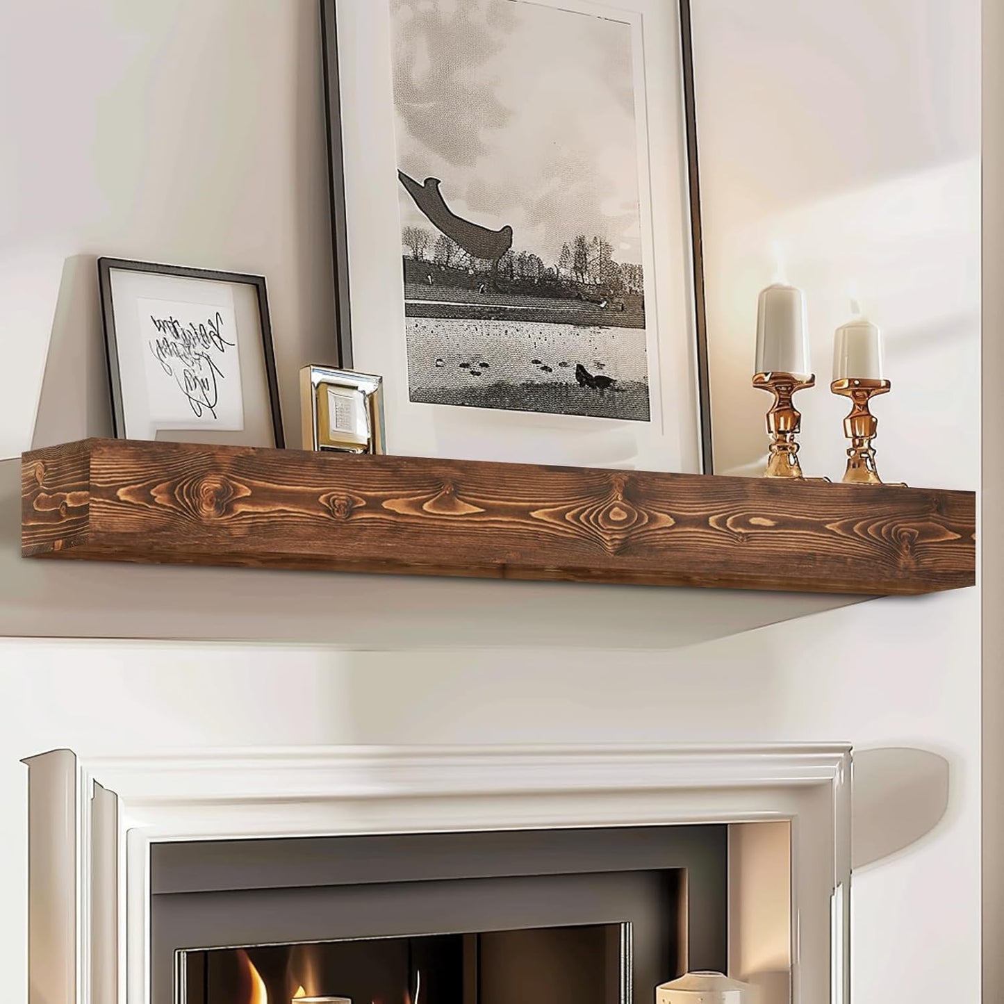 56x8x5 Fireplace Mantel - Handcrafted Hollow Rustic Solid Wood Wall Mounted Floating Shelf with Invisible Heavy Duty Wood Bracket (Weathered Brown)