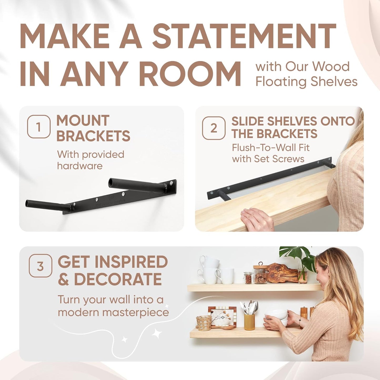 Homeforia 30 inch Wood Floating Shelves, High End Solid Natural Wood 30inch Floating Shelf for Wall, Unfinished Wooden 30 inches Floating Shelves, Heavy Duty Bracket, 30 X 6.5 X 1.75 in, Set of 2