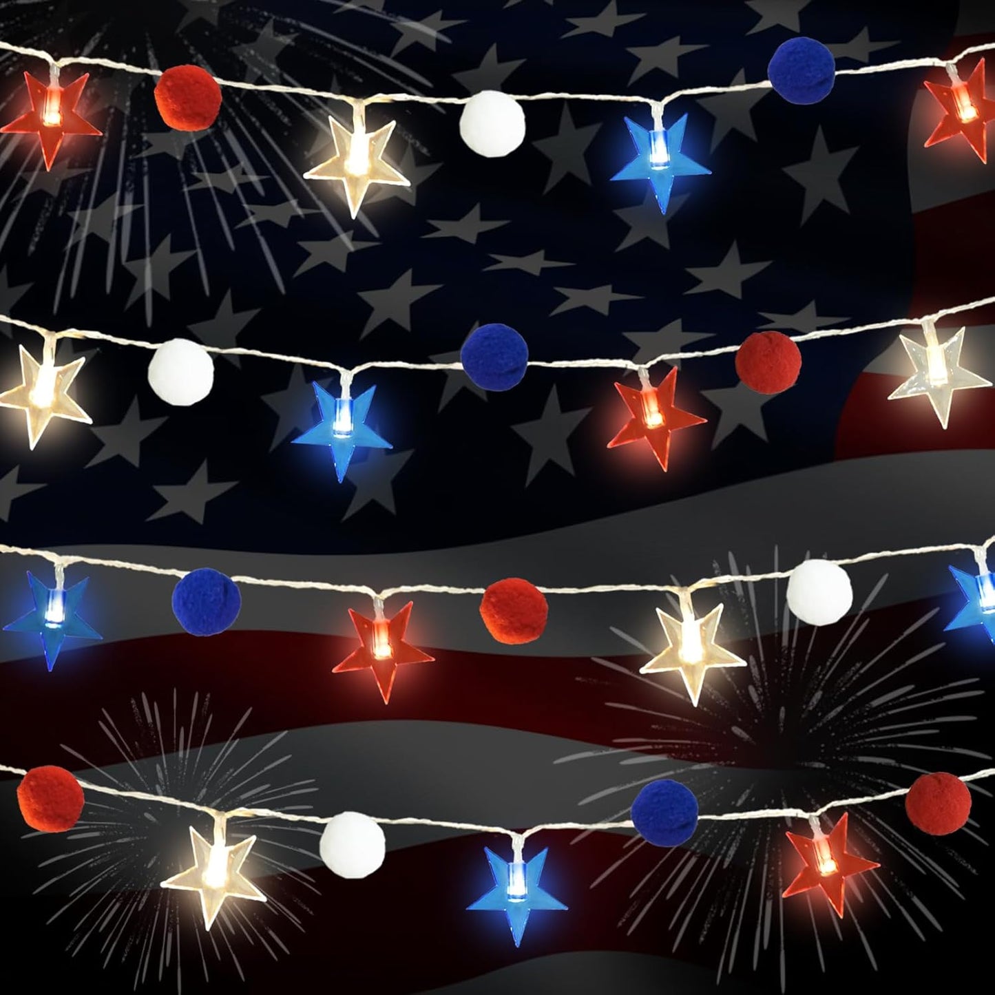 4th of July Decorations 9.85FT Red White and Blue Star String Lights Pom Pom Star Lights Battery Operated with Timer Fairy Lights for Independence Day Memorial Patriotic Fourth of July Decor for Home