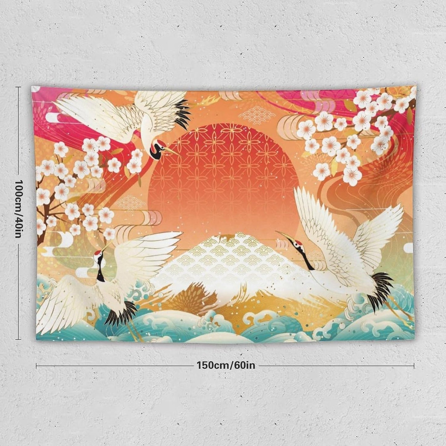HZOHNAGO Japanese Tapestry Cherry Blossom Crane Sea Wave Fuji Mountain Red Sun Pattern Printed Wall Tapestry Painting Wall Hanging for Bedroom Living Room Dorm 60" W x 40" H