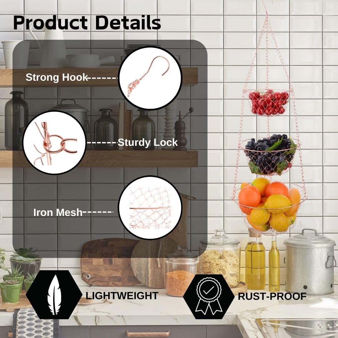 IBERG 3-Tier Fruit Basket Hanging Baskets for Storage - Kitchen Bathroom Organizer (Copper)