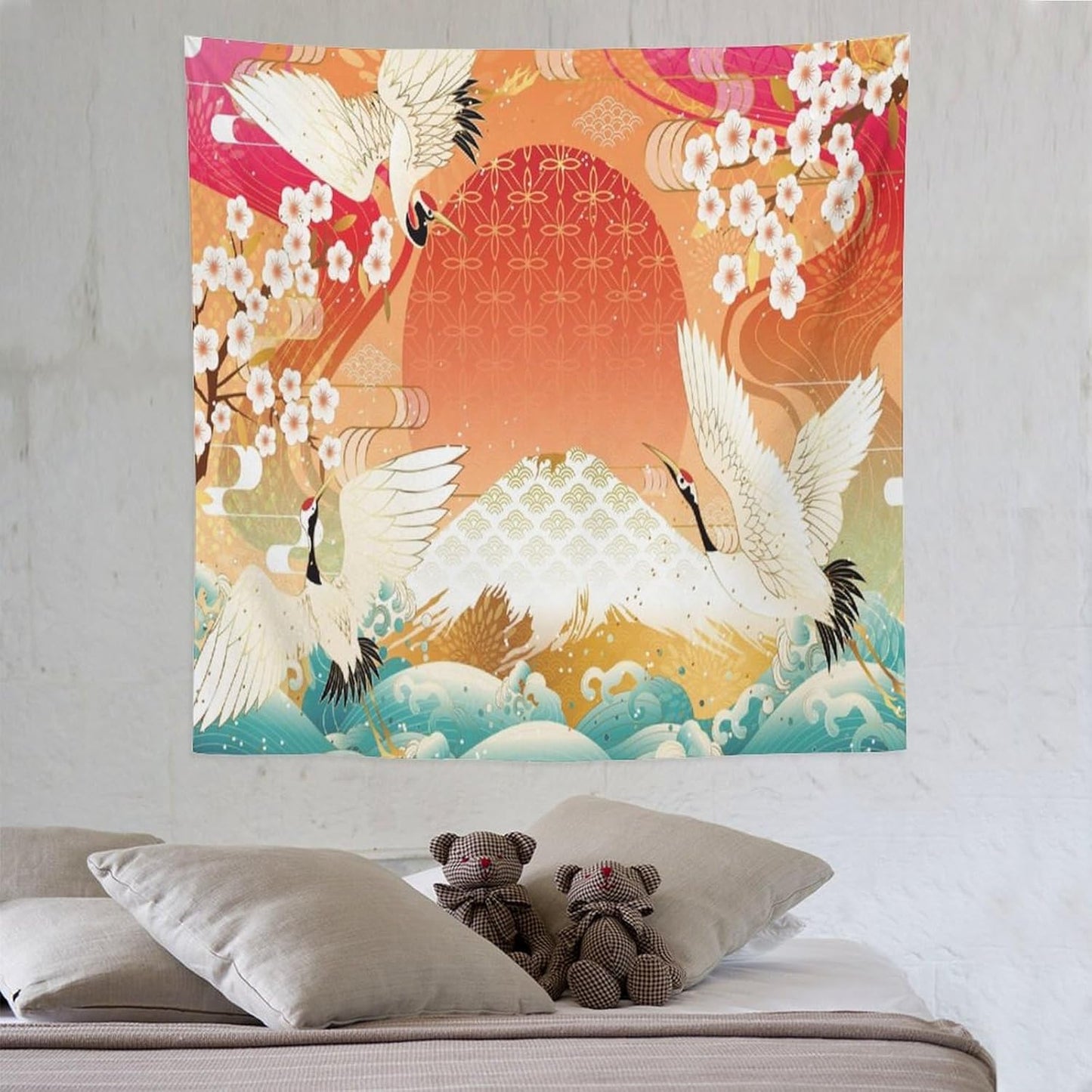 HZOHNAGO Japanese Tapestry Cherry Blossom Crane Sea Wave Fuji Mountain Red Sun Pattern Printed Wall Tapestry Painting Wall Hanging for Bedroom Living Room Dorm 60" W x 60" H