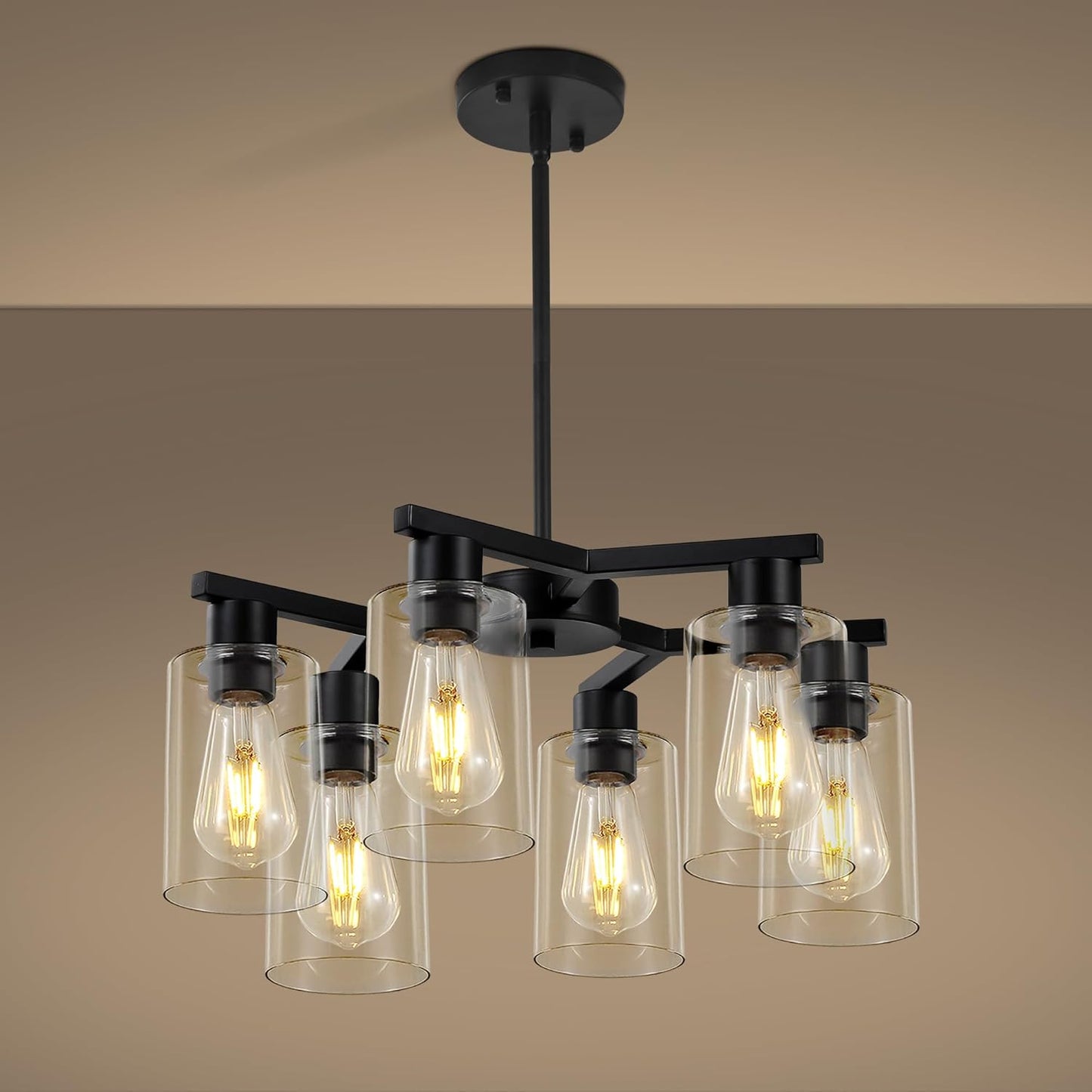 6-Light Black Modern Farmhouse Chandelier for Dining Room Ceiling Light Fixture with Clear Glass Shades, Adjustable Hanging Industrial Pendant Lighting for Living Room Kitchen Island Bedroom Entryway