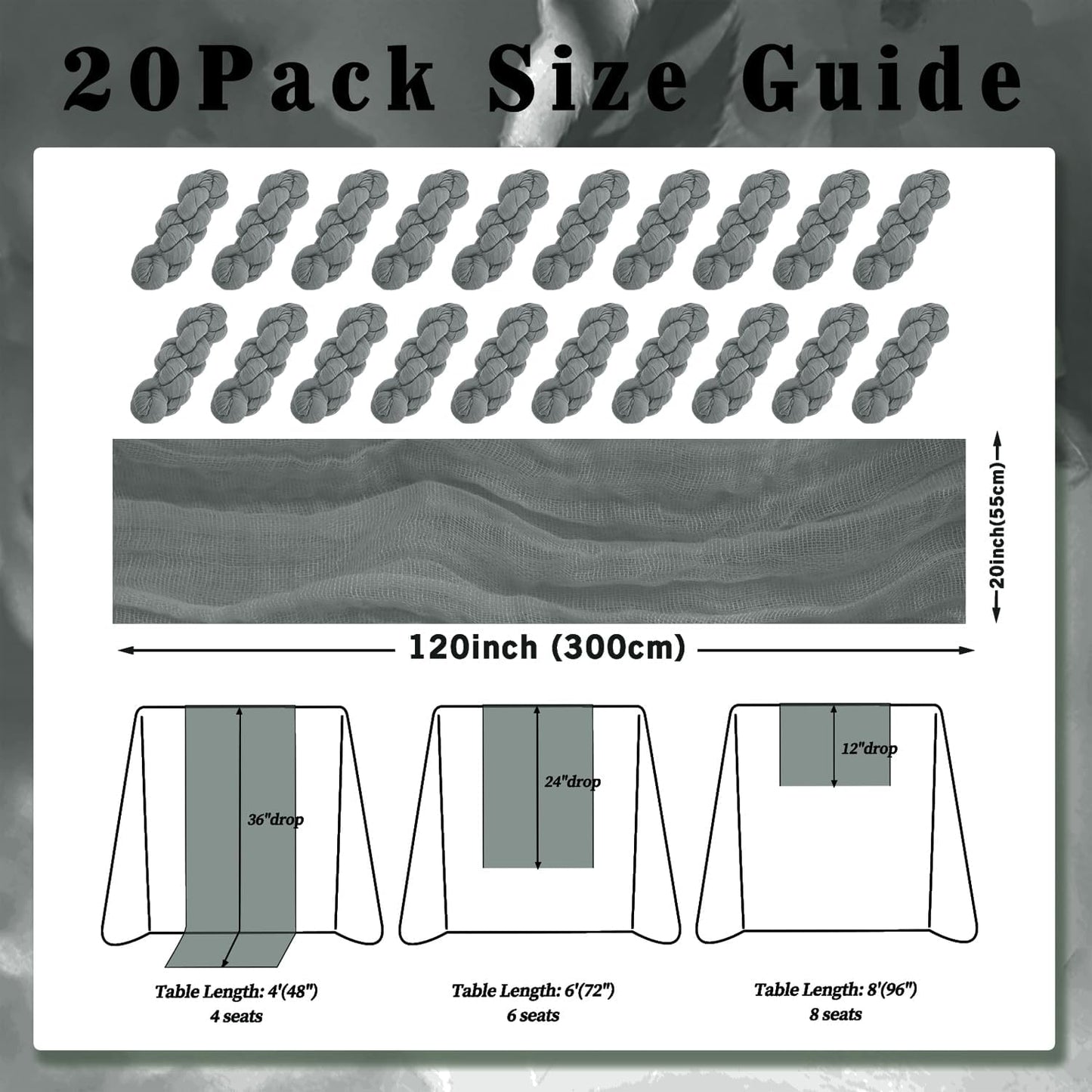 20 Pack Gray 10FT Cheesecloth Table Runner Rustic Gauze Fabric Cheese Cloth Table Runner for Wedding Bridal Baby Shower Table Decor 20 x 120 Inch Long Boho Sheer Birthday Party Table Decorations