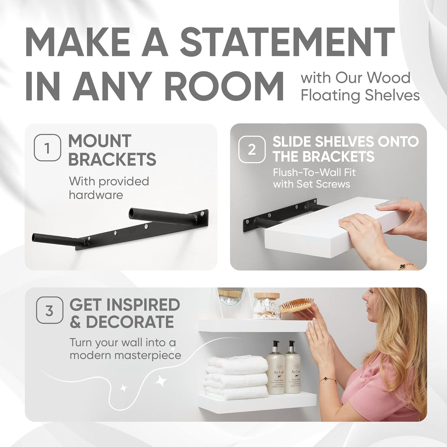 Homeforia White Floating Shelf 12 inch, High End Solid Real Wood Small 12inch Floating Shelves for Wall Mounted, White Wooden 12 in Floating Shelves, Heavy Duty Bracket, 12 X 6.5 X 1.75 inch, Set of 2