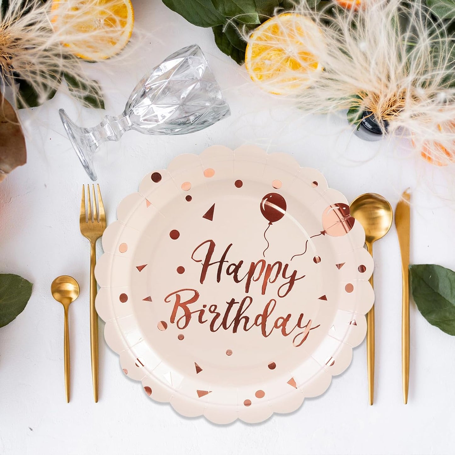 50PCS Pink Rose Birthday Paper Plates - 7 Inch Happy Birthday Cake Plates Scalloped Pink Dessert Plate Disposable Party Tableware Set for Girls Women Birthday's Party Supplies Decorations