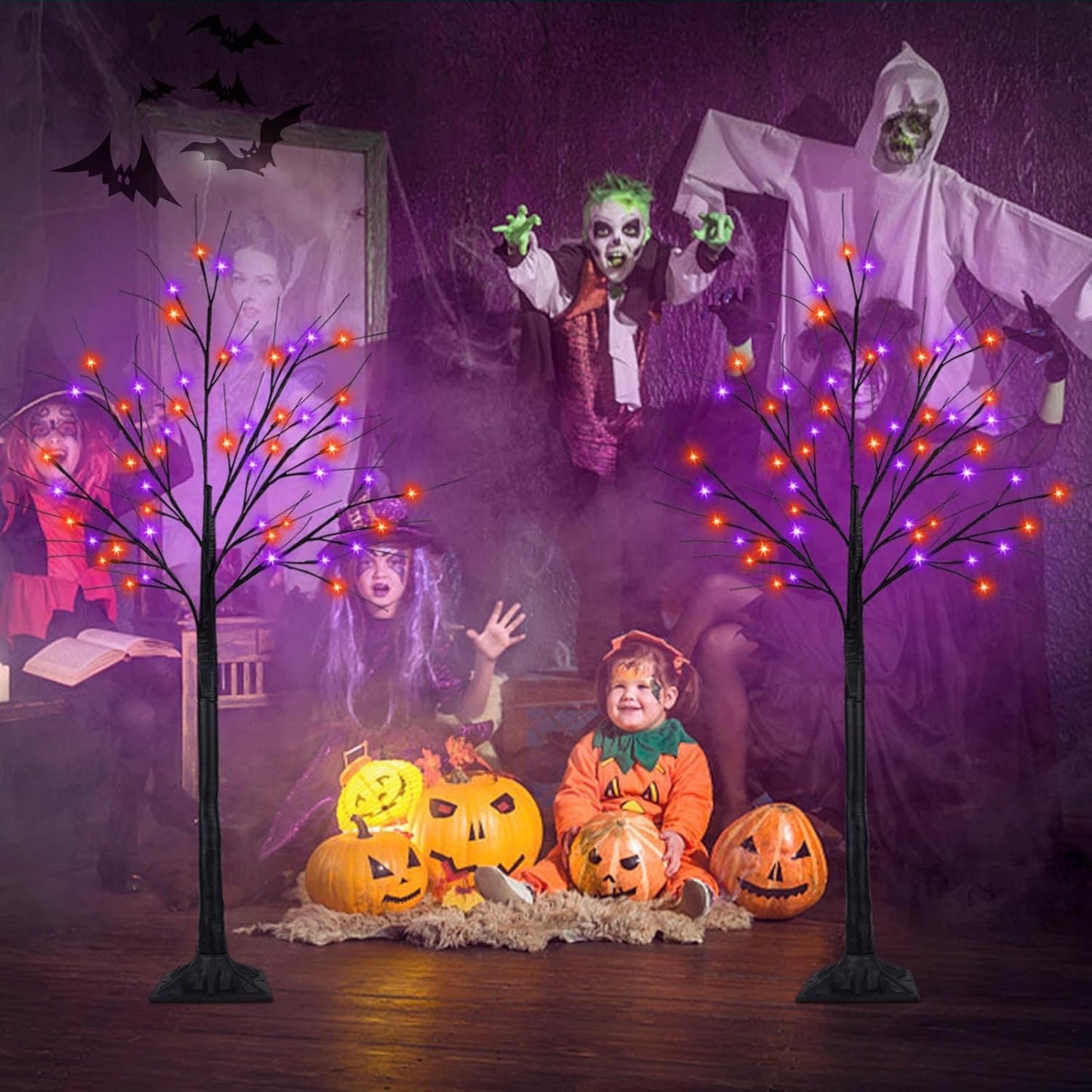 2Pack 4FT 100LED Black Halloween Tree Lights, Timer Function Halloween Trees with Purple and Orange Lights, Spooky Trees Light for Indoor Outdoor Halloween Decorations