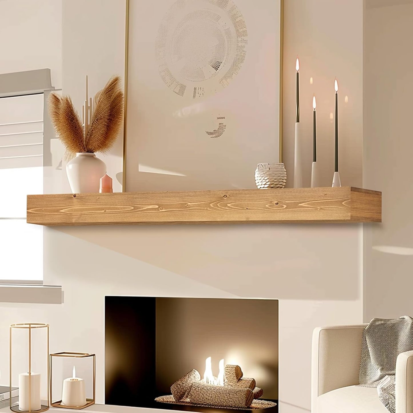 48x8x3 Fireplace Mantel - Handcrafted Hollow Rustic Solid Wood Wall Mounted Floating Shelf with Invisible Heavy Duty Wood Bracket (Natural Wood)