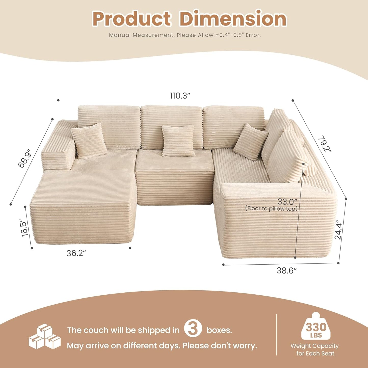HOOOWOOO Cloud Sectional Couches for Living Room,Modular Sectional Sofa No Assembly,110X79 Inch Plush Corduroy Large U Shaped Floor Couch Set with Deep Seat Chaise(Beige)