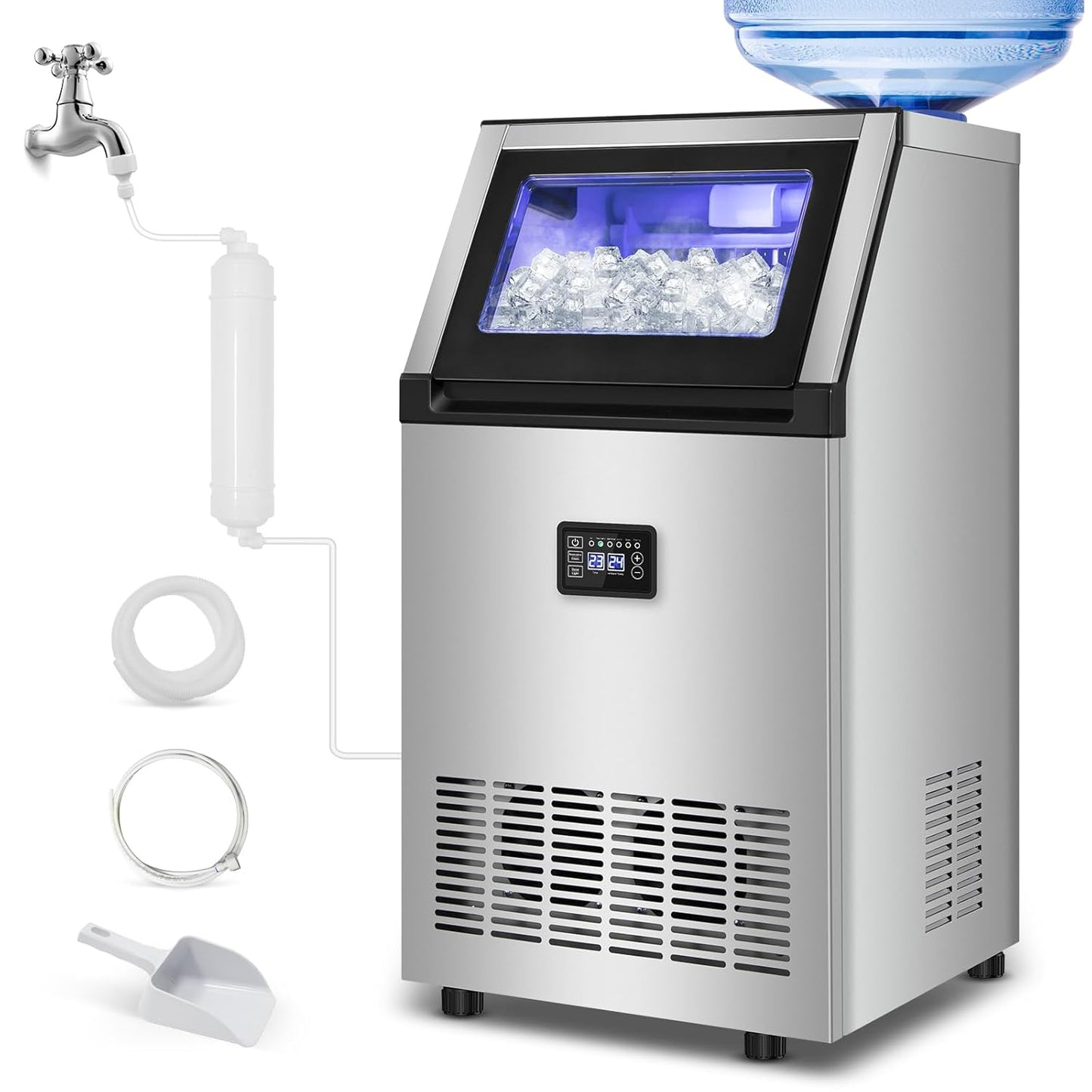 Ice Maker Commercial Ice Machine 200 lbs /24H, 33 lbs Large Storage Capacity Bin, Under Counter or Freestanding Ice Cube Makers Stainless Steel for Restaurant Bar Cafe