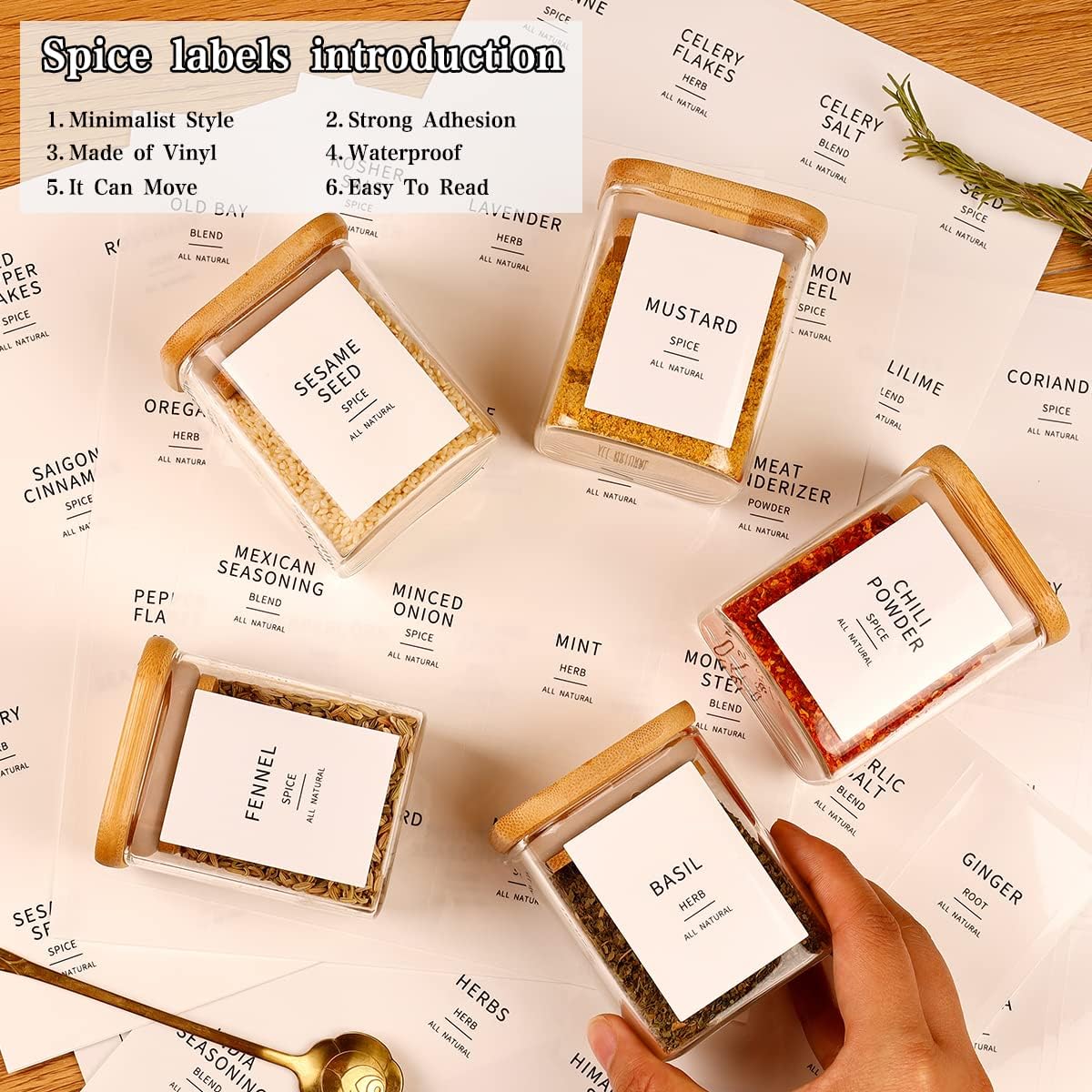 12 Pcs Square Glass Spice Jars with Natural Bamboo Lids - 9oz Airtight Herb Containers with 148 Waterproof Minimalist Spice Labels Preprinted - Empty Small Seasoning Jars for Kitchen Pantry