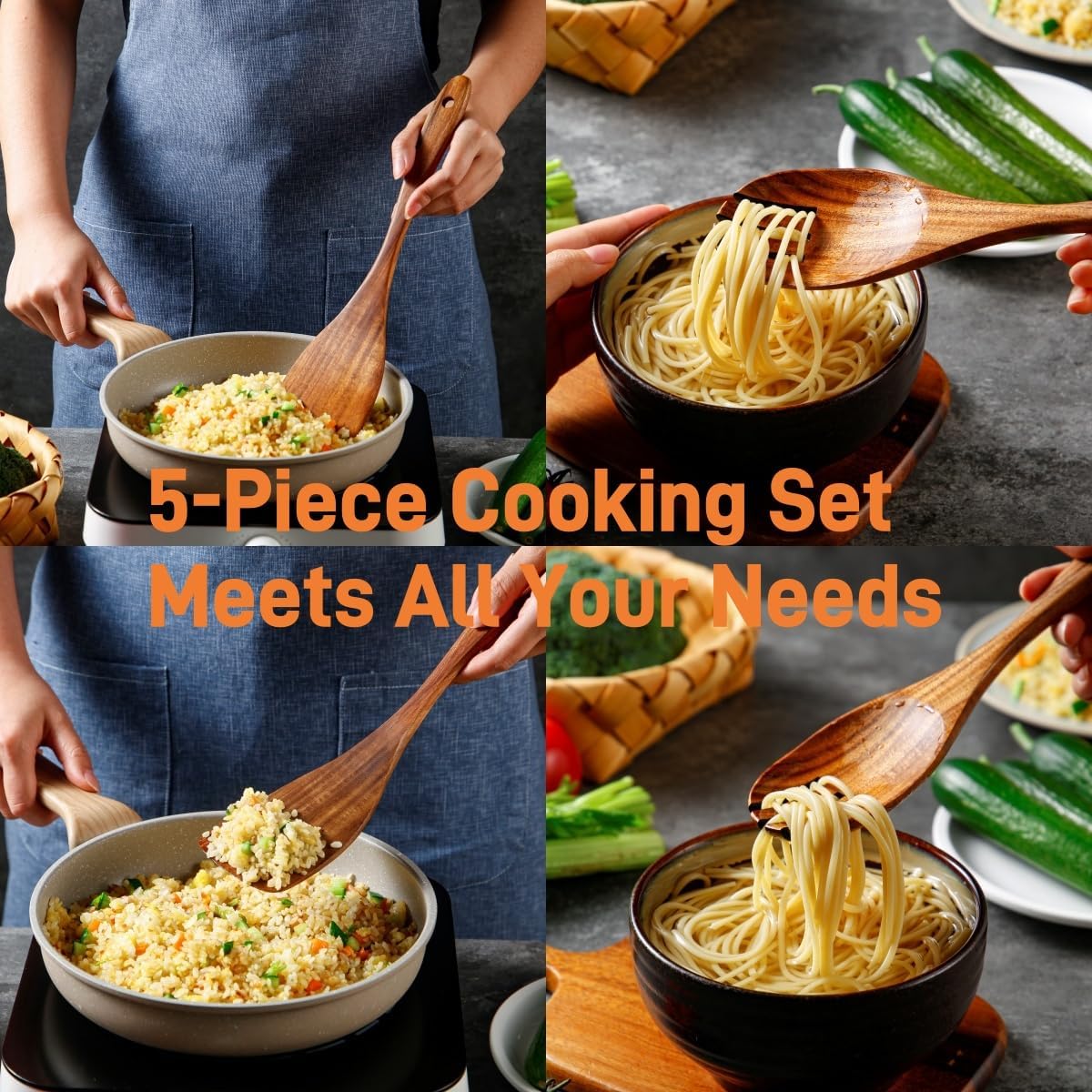 5 Piece Wooden Spoons for Cooking - Natural Finish Wooden Cooking Utensils - Soft Grip Wood Spoons - Non-Stick Wooden Spoons