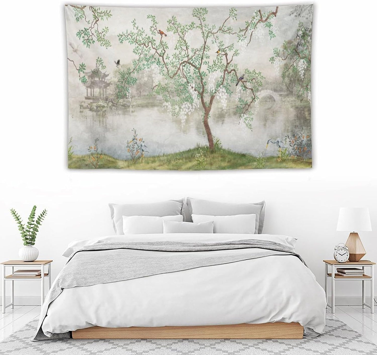 HZOHNAGO Japanese Tapestry Tree Misty Garden Lake Printed Wall Tapestry Ink Painting Wall Hanging for Bedroom Living Room Dorm 60" W x 40" H
