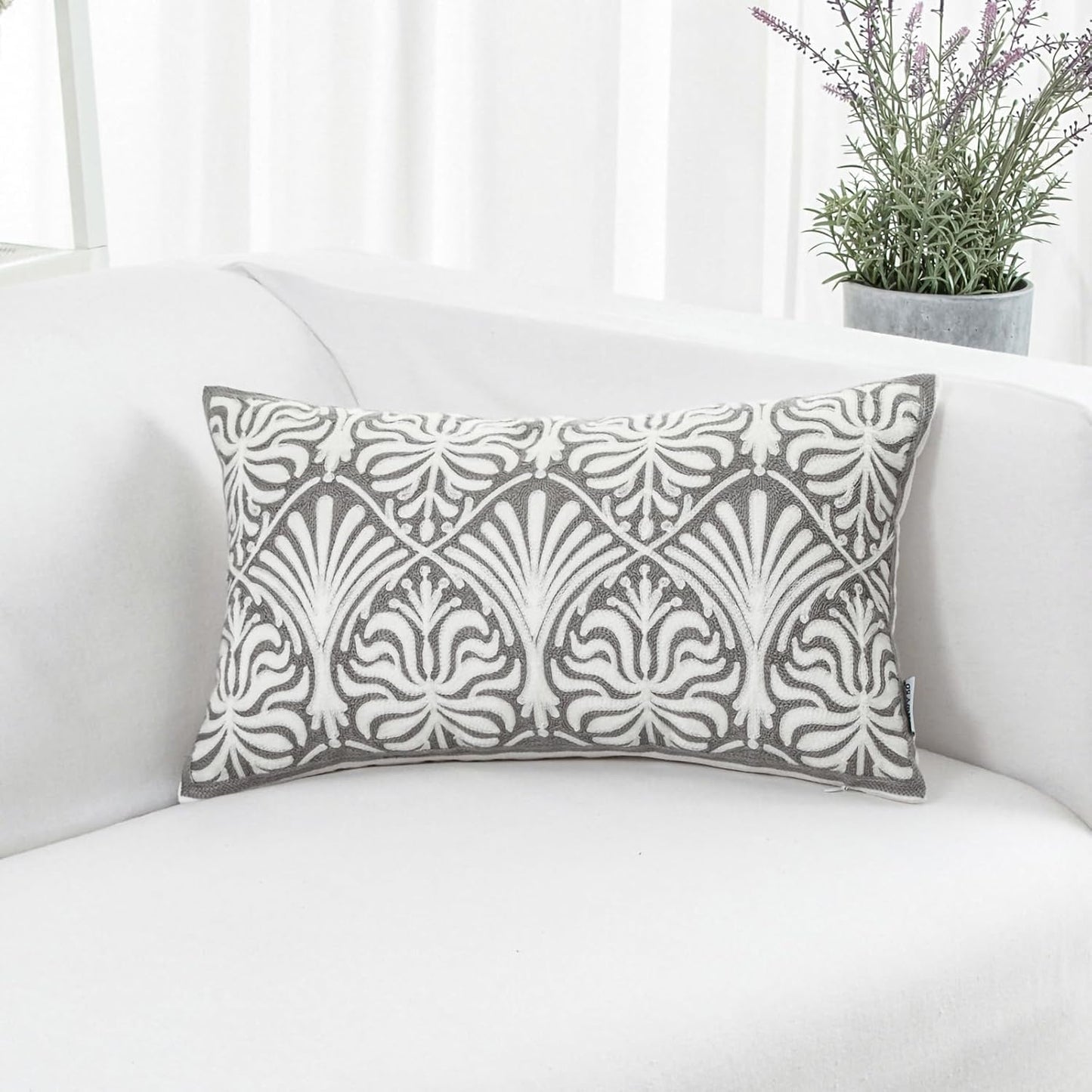 HWY 50 Grey Gray Decorative Lumbar Pillow Cover Rectangle 12x20 Inch (1 Piece), Embroidered Cotton Farmhouse Cushion Cover Pillow Case for Sofa Couch Living Room Bed, Minimalist Floral