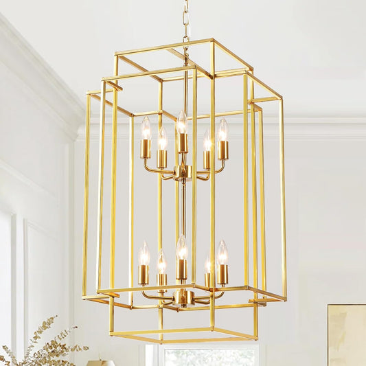30" Farmhouse Gold Chandelier, 10-Light Foyer Lighting Fixtures, Lantern Tiered Pendant Light Fixtures, Metal Rustic High Ceiling Chandelier for Dining Room Entryway Staircase