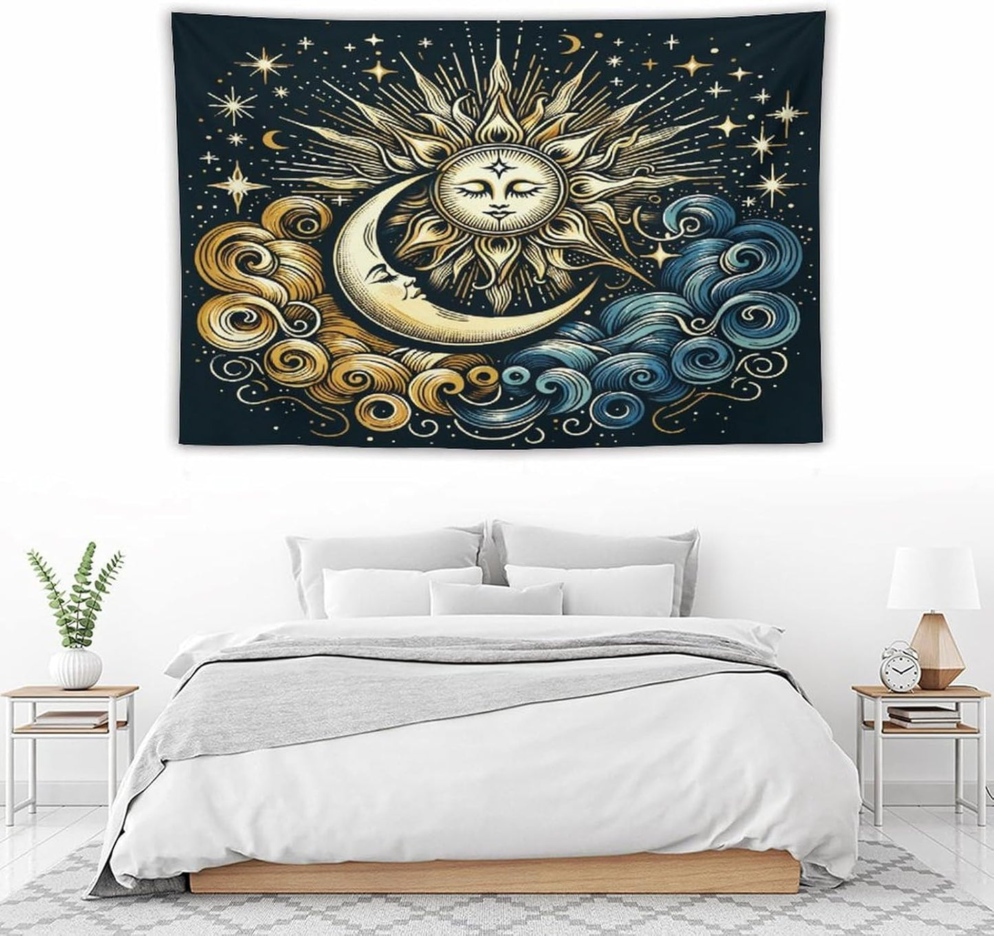 HZOHNAGO Sun Moon Tapestry Boho Golden Stars Pattern Printed Wall Tapestry Wall Hanging for Bedroom Living Room Dorm 90" W x 60" H