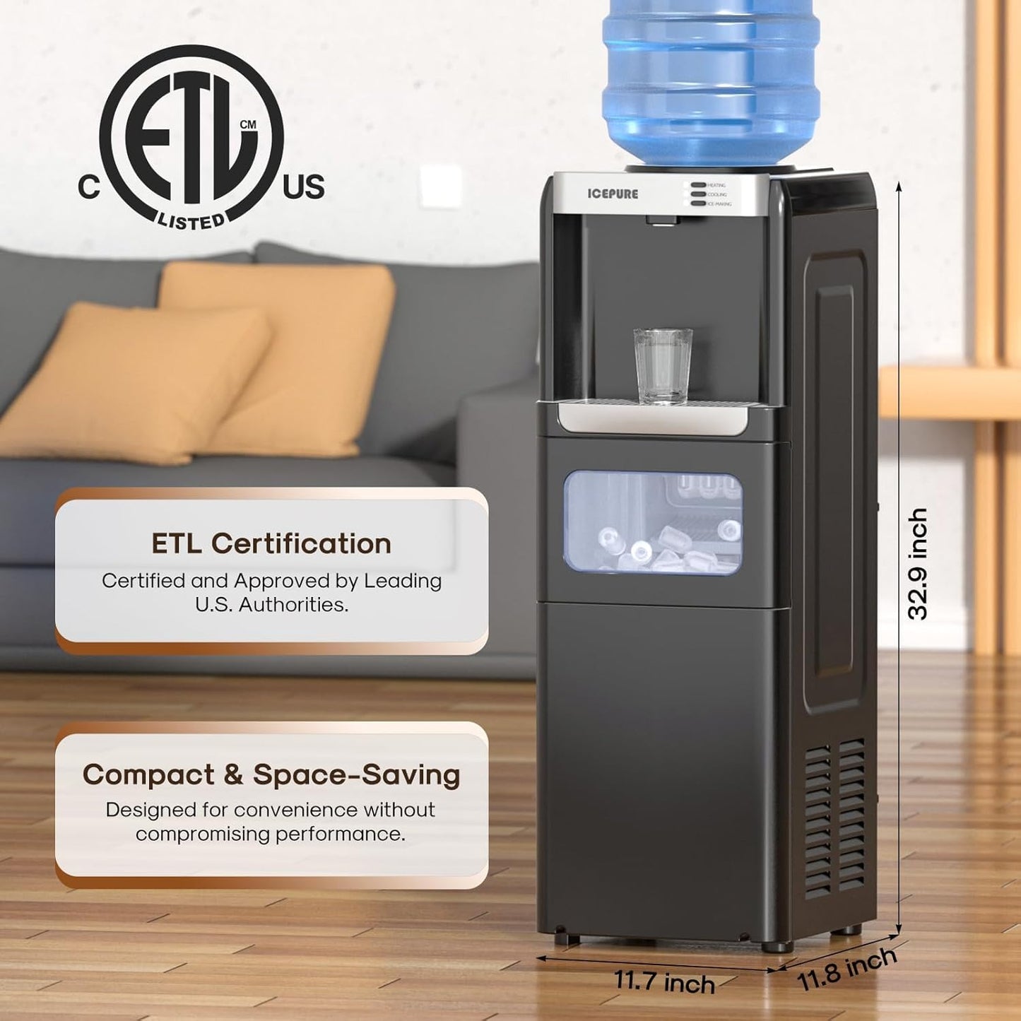 ICEPURE 3-in-1 Water Dispenser with Ice Maker, Water Cooler Dispenser for 5 Gallon Bottle Built-in Bullet Ice Maker Top Loading, Hot and Cold Water Dispenser for Home/Office, 33lbs/24H, Child Lock