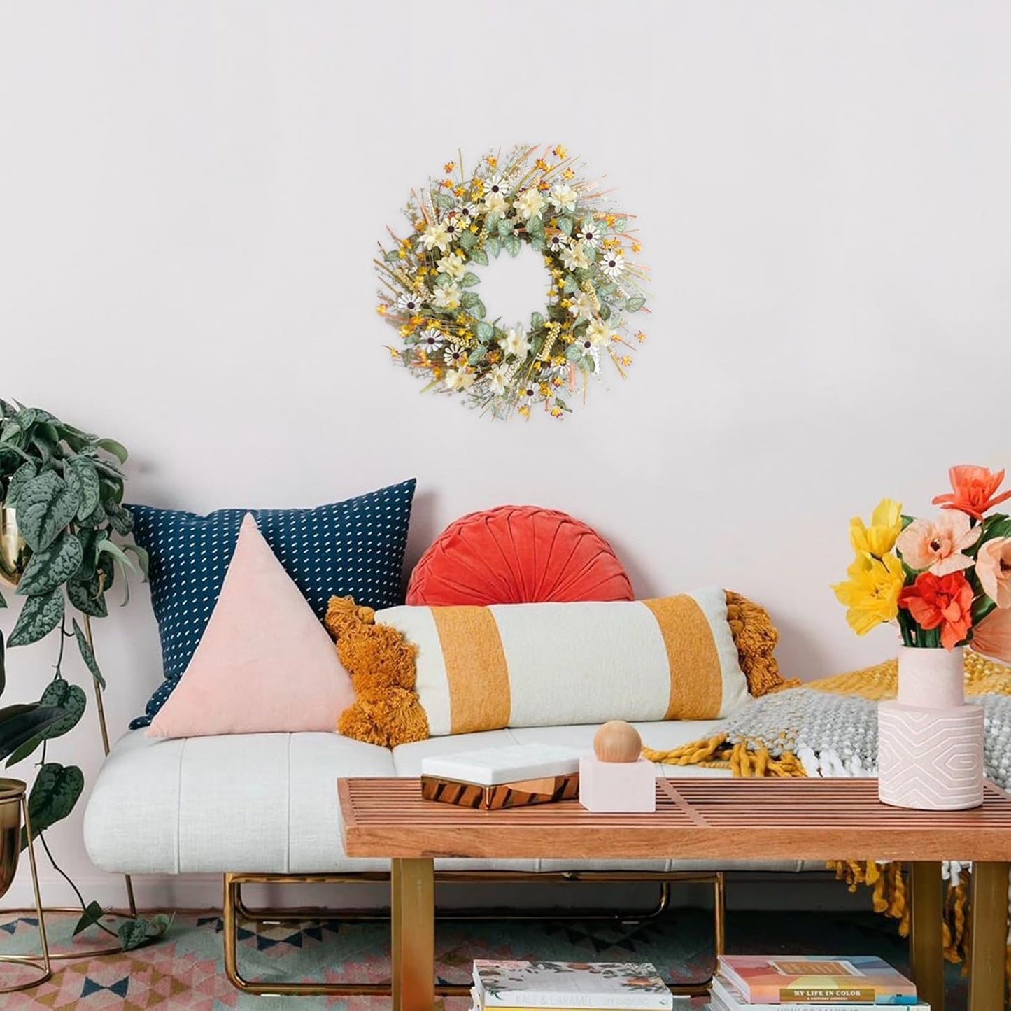idyllic 20 Inches Spring Summer Front Door Wreath, Yellow and White Daisies Flowers, Ear of Wheat, Green Leaves Wreath for Front Door