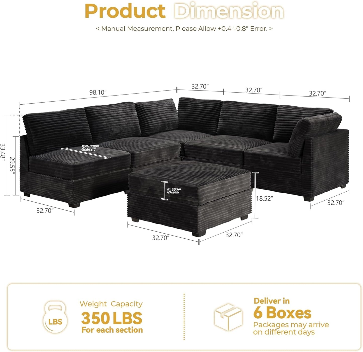 HOOOWOOO Modular Sectional Sofa,6 Pieces Sectional Couches for Living Room,98X98 L Shaped Cloud Couch with Ottoman Chaise Set(Black Velvet Corduroy)
