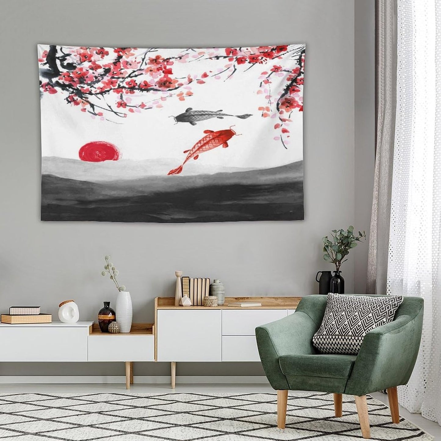 Houselerax Japanese Koi Fish Tapestries, Cherry Blossoms Asian Oriental Flower Branch Koi Fish Carp Tapestry Wall Hanging for Bedroom Living Room Office Decor 60"x40"