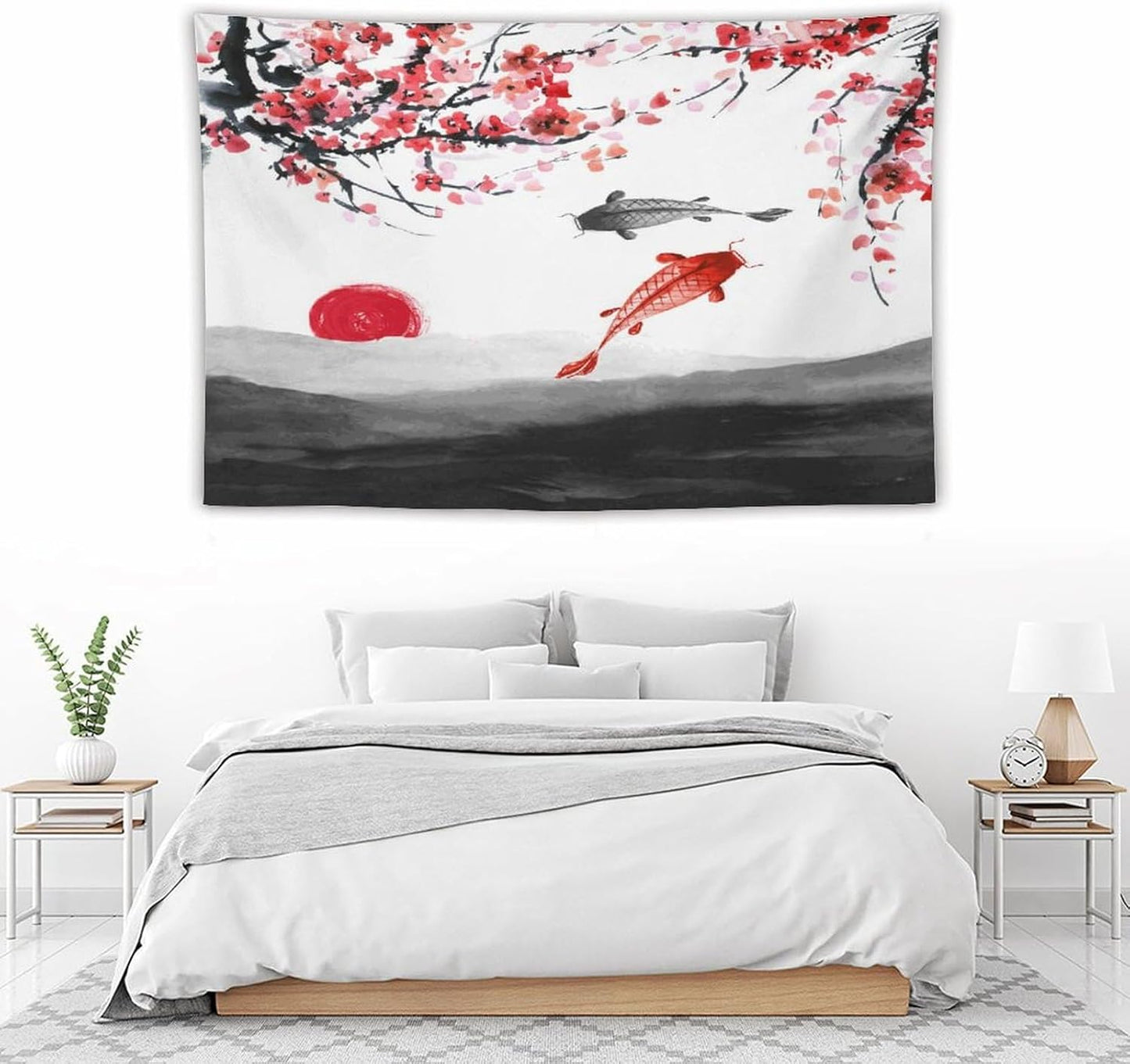 Houselerax Japanese Koi Fish Tapestries, Cherry Blossoms Asian Oriental Flower Branch Koi Fish Carp Tapestry Wall Hanging for Bedroom Living Room Office Decor 60"x40"