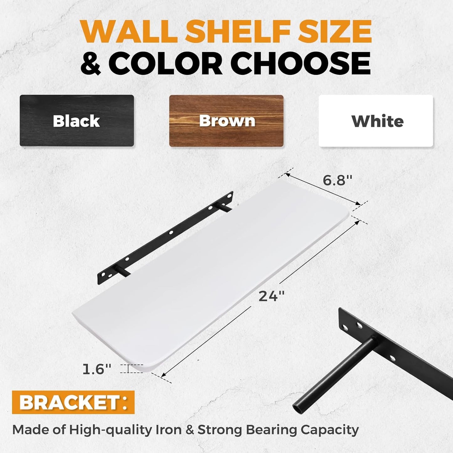 24"x6.8"x1.6" Slanted Floating Wall Shelves 2-Pack - Rustic White Finish, Heavy-Duty Solid Wood Design with Hidden Brackets - Perfect for Living Room, Kitchen, Bathroom, or Office