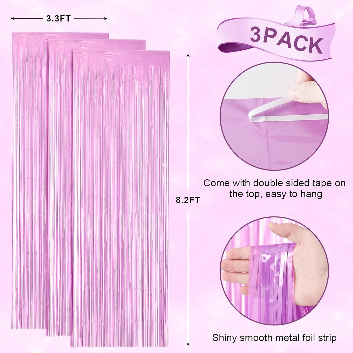 3 Pack 3.3 x 8.2 ft Pastel Purple Foil Fringe Backdrop Curtains, Tinsel Streamers Birthday Party Decorations, Fringe Backdrop for Graduation, Baby Shower, Gender Reveal, Disco Party