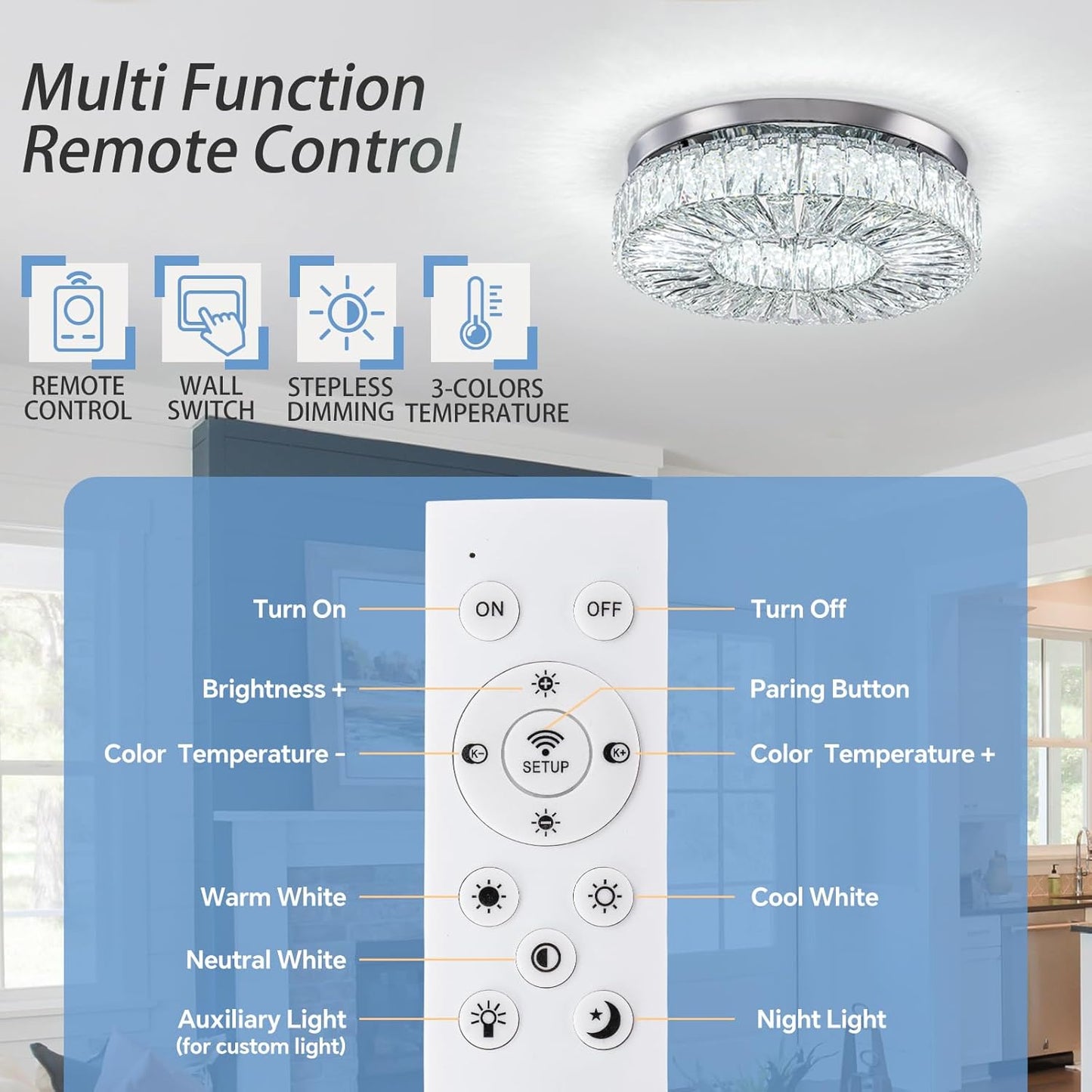 16.5 Inch Dimmable Chandelier with Remote Control LED Crystal Chandelier Modern Flush Mount Ceiling Light Fixtures for Living Room Bedroom Dining Room Entrance (dimmable-16.5")