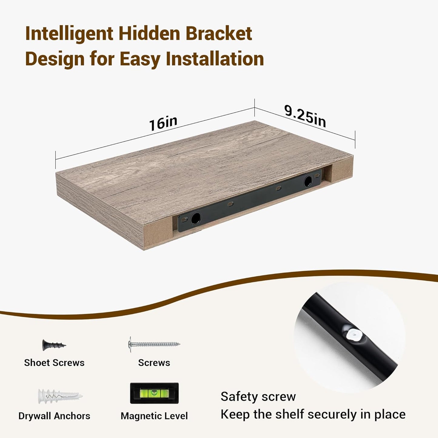 16 Inch Floating Shelves, 3D Textured Wood Grain, 16"x9.25"x1.5" Inch Deep Floating Shelves for Wall, Wooden Shelves for Bathroom, Bedroom, Living Room, Vintage Gray Oak