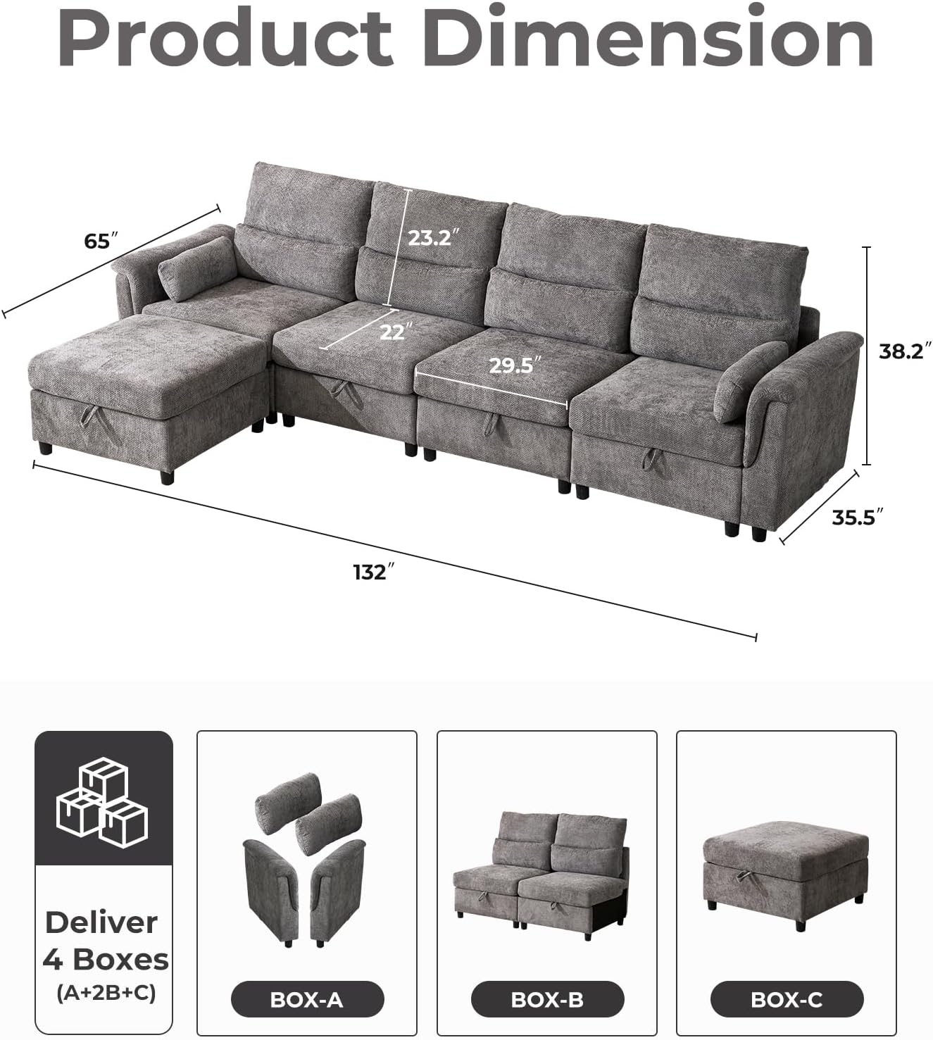 132'' Oversized Modular Sectional Sofa, L Shaped Comfy Cloud Sectional Couch with Storage, 5 Seat Extra Deep Seat Modular Sofas with Throw Pillows for Living Room, Grey