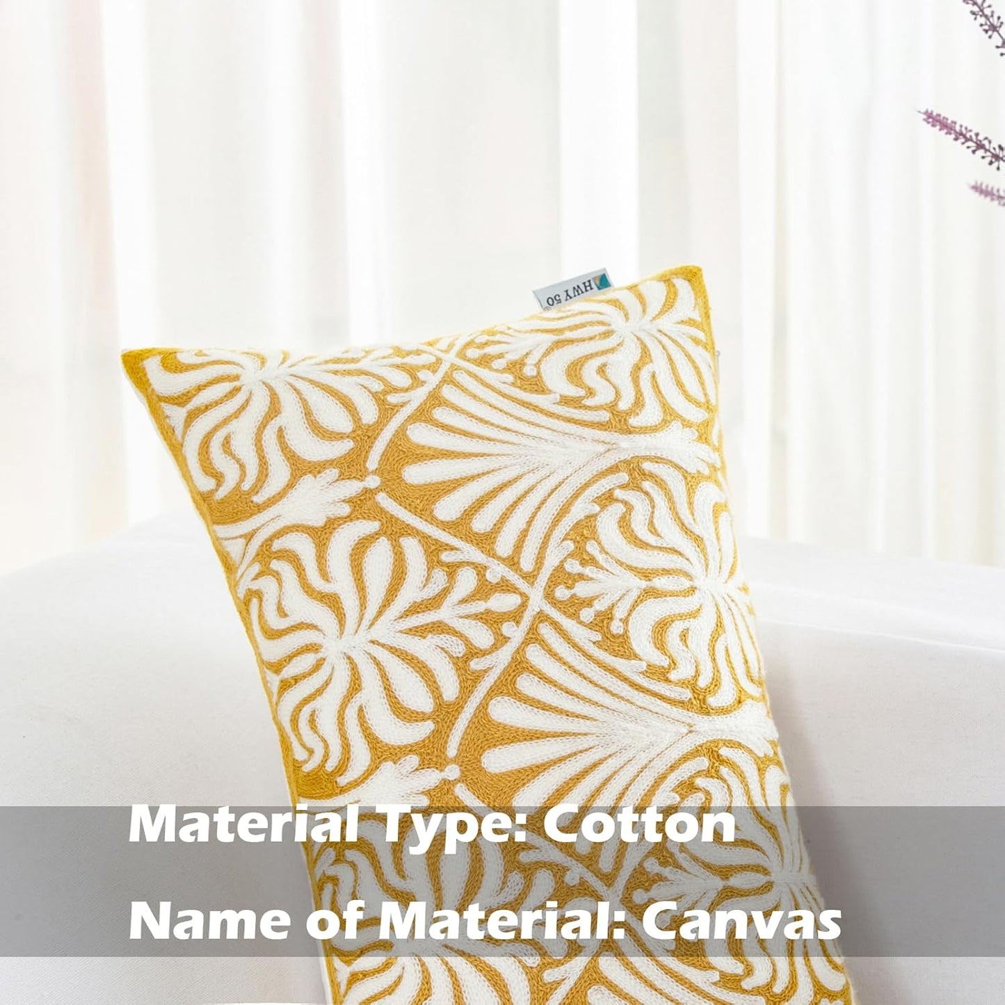 HWY 50 Mustard Yellow Decorative Lumbar Pillow Cover Rectangle 12x20 Inch (1 Piece), Embroidered Cotton Farmhouse Cushion Cover Pillow Case for Sofa Couch Living Room Bed, Minimalist Floral