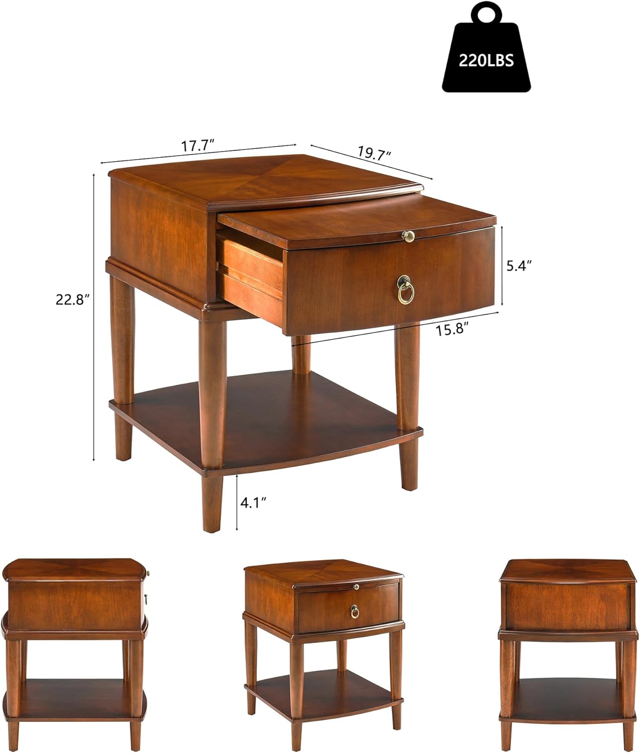 2 Tier Solid Wood Square End Table with Drawer, Wooden Sofa Side Table with Sliding Shelf & Lower Shelf, Nightstand Bedside Table for Living Room Bedroom, 19.7x17.7x22.8in