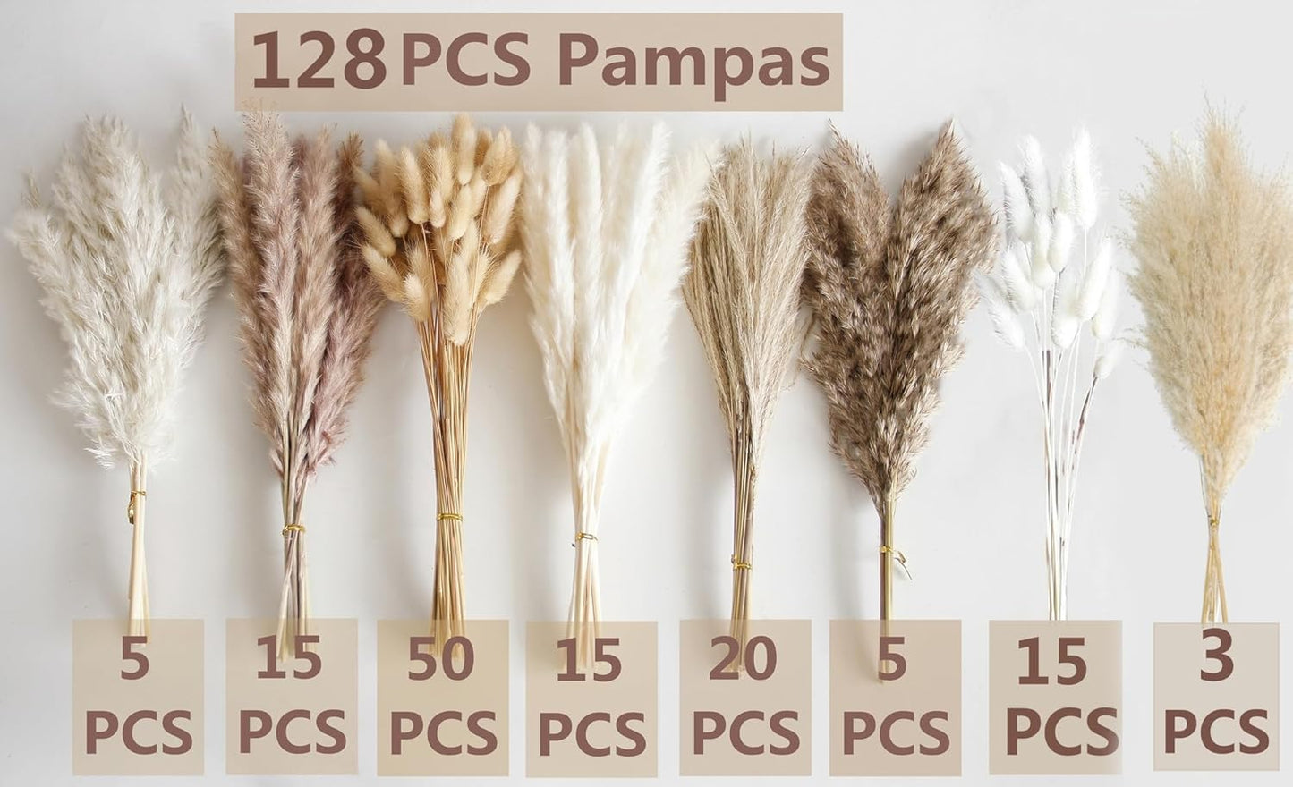 130 PCS Dried Pampas Grass Bouquet, Boho Table Decor, Bunny Tails Dried Flowers, Brown Pampas, Fluffy Pompas, White Pampas Grass for Weddings, Home Decor, Rustic Parties, and Baby Shower Decorations